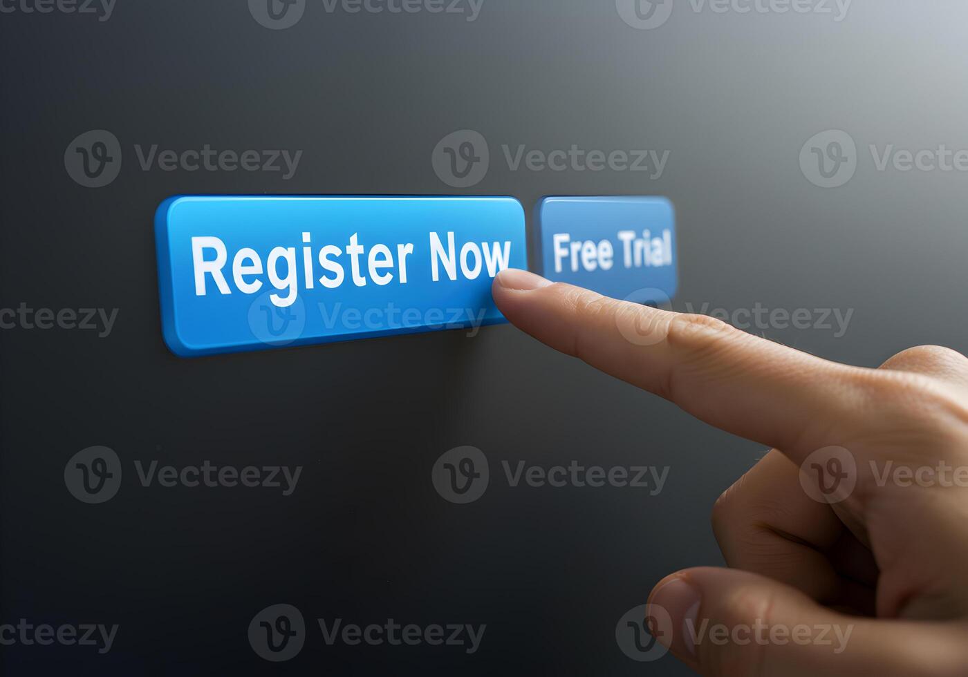 Finger about to press Register Now button next to Free Trial button on dark background Concept of online registration account creation and software subscription photo