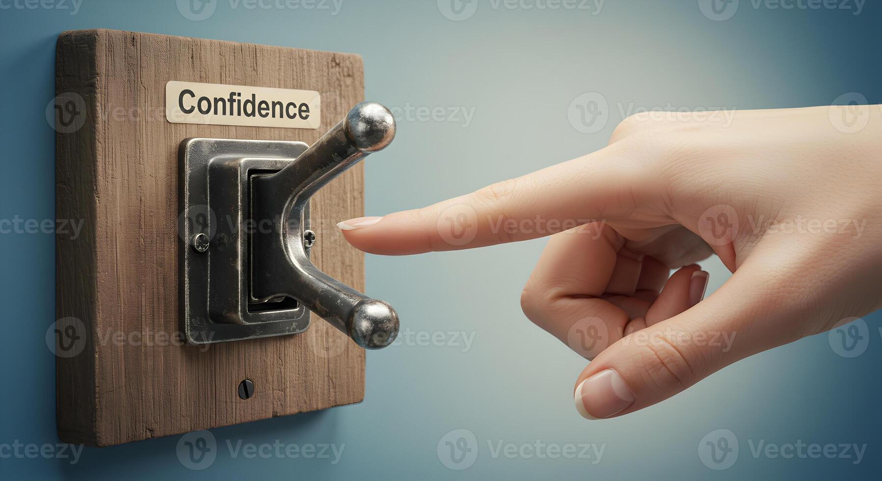 Hand about to turn on a vintage toggle switch labeled Confidence on a rustic wooden background symbolizing empowerment and selfbelief The image evokes a feeling of taking control and activating positi photo
