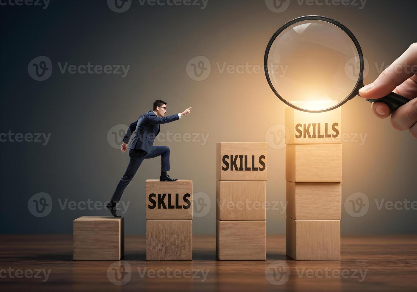 Ambitious businessman climbing a staircase of skills aiming towards the top under a magnifying glass symbolizing career growth and potential The image conveys concepts of ambition achievement and the photo