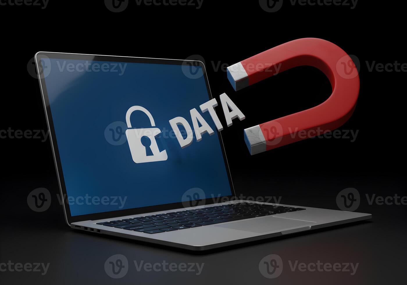 Data Security Breach Magnet pulling sensitive data from a laptop symbolizing vulnerability and cyber theft dark background digital security concept photo