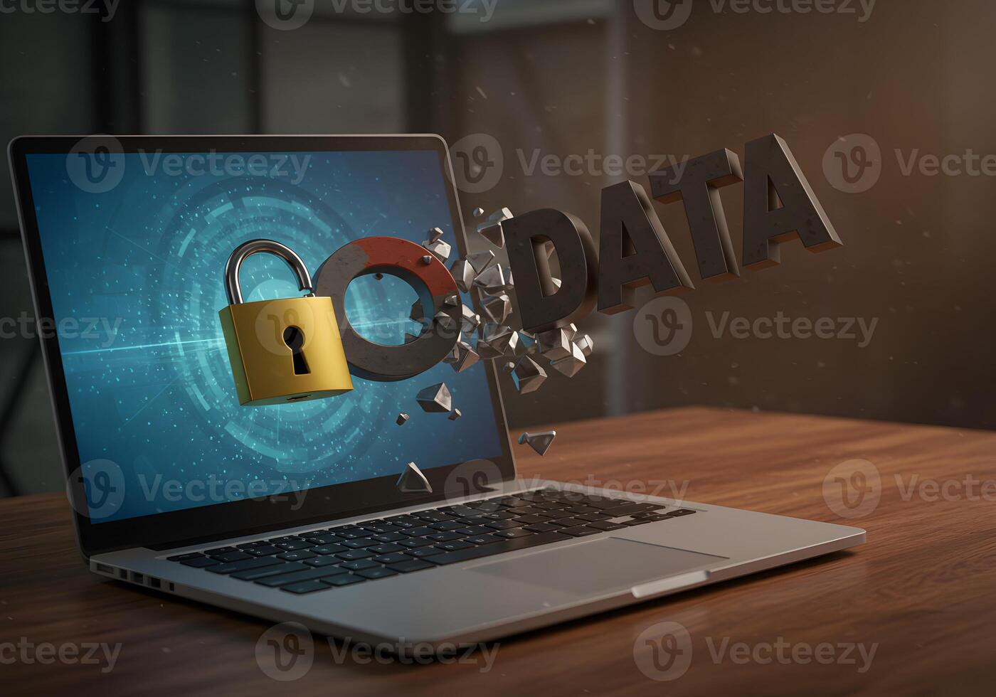 Data security breach concept 3D rendering of a laptop screen showing a padlock and a shattered data word symbolizing the vulnerability of digital information and the importance of cybersecurity photo