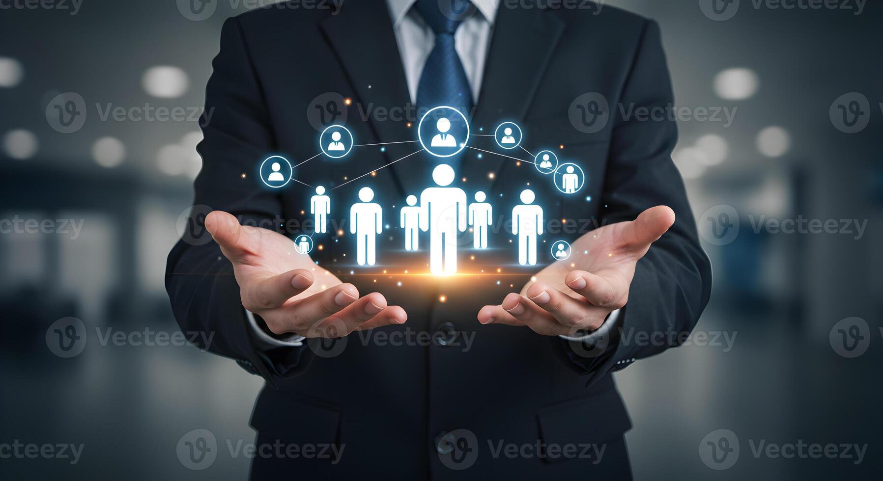Businessman Presenting Network Connection in Modern Office Concept of Global Teamwork and Collaboration symbolizing connection communication and networking photo