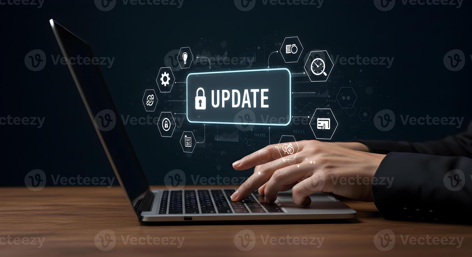 Person in business suit installing software update on laptop cybersecurity concept Hands typing on laptop keyboard with glowing digital interface showing update process security and data management Mo photo