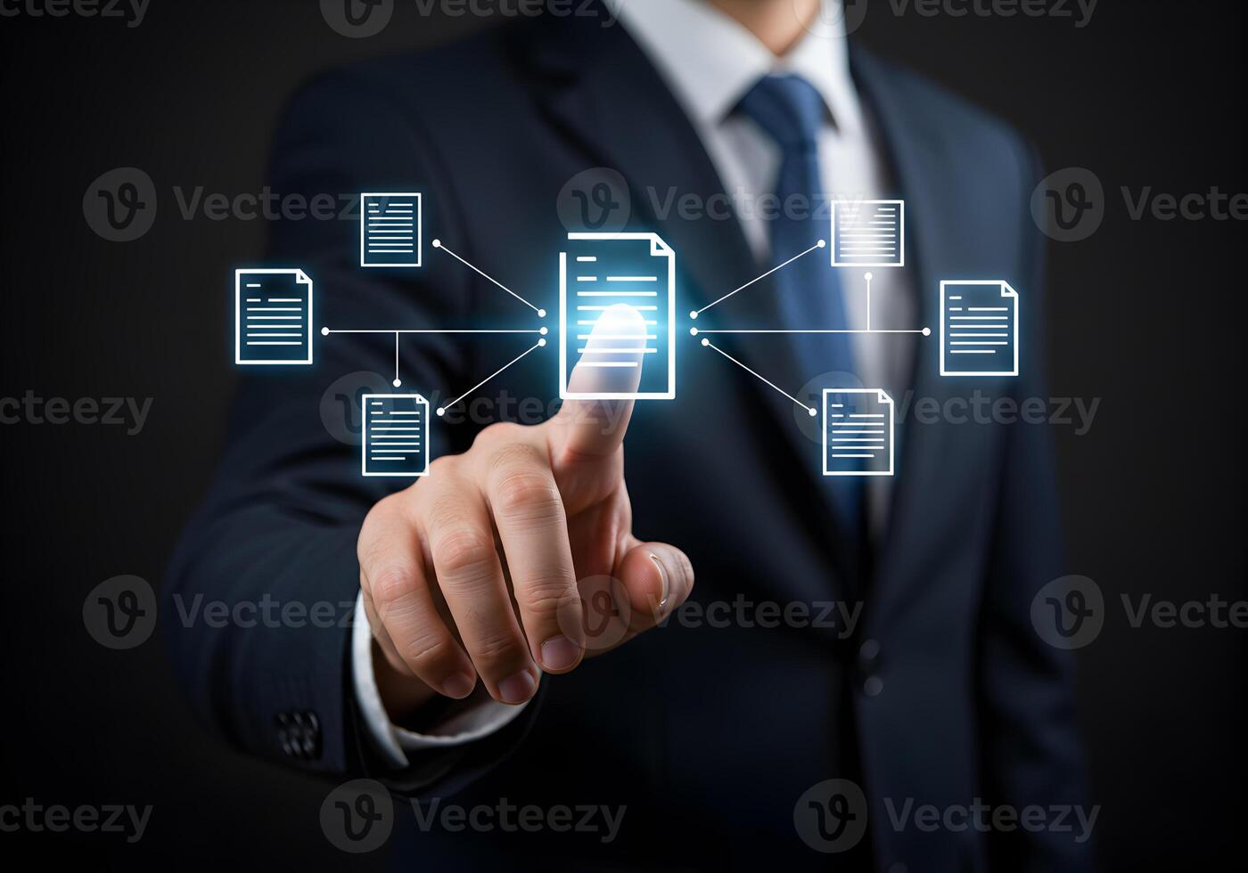 Businessman interacts with a digital document network managing files and information flow in a modern workplace symbolizing efficient data processing and connectivity photo