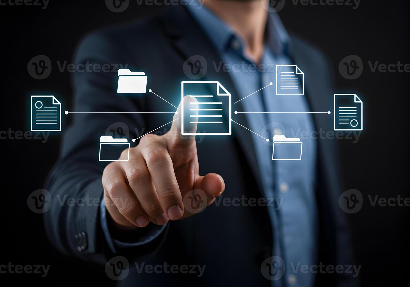 Businessman Accessing and Managing Digital Documents and Files on a Futuristic Interface Concept of Efficient Data Organization and Workflow photo