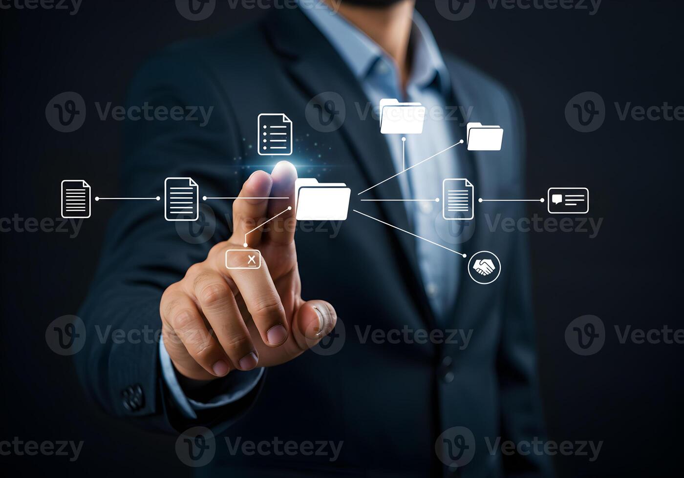Businessman Interacting with a Digital Document Network Managing Files and Data Flow in a Modern Office Setting Concept of Efficient Workflow and Data Management photo