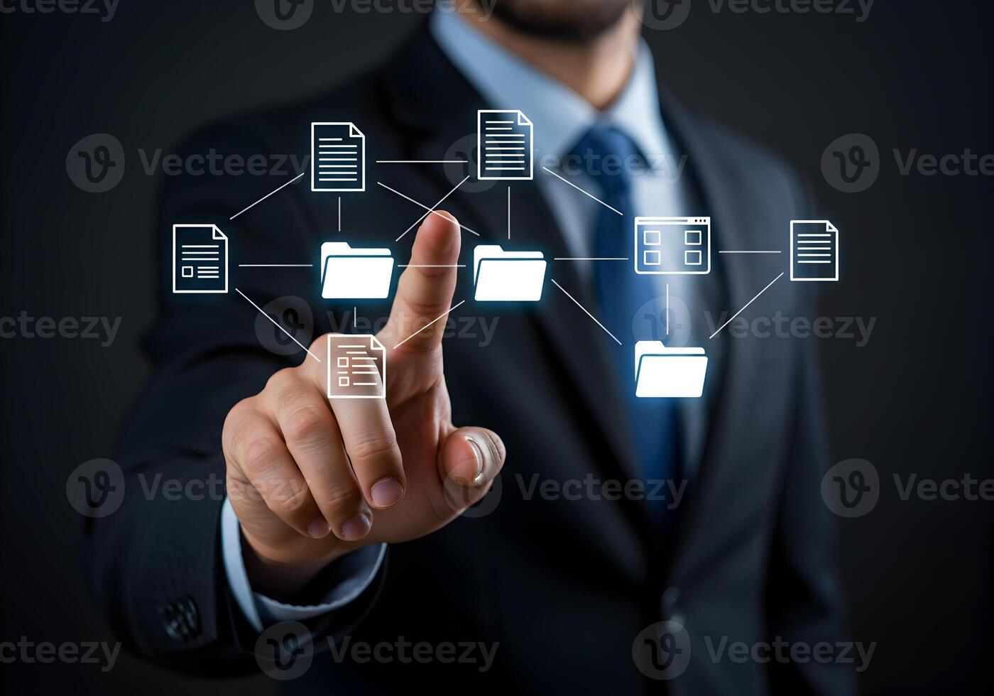 Businessman Accessing and Managing Digital Files and Folders on a Futuristic Interface Concept of Data Management and Cloud Computing photo
