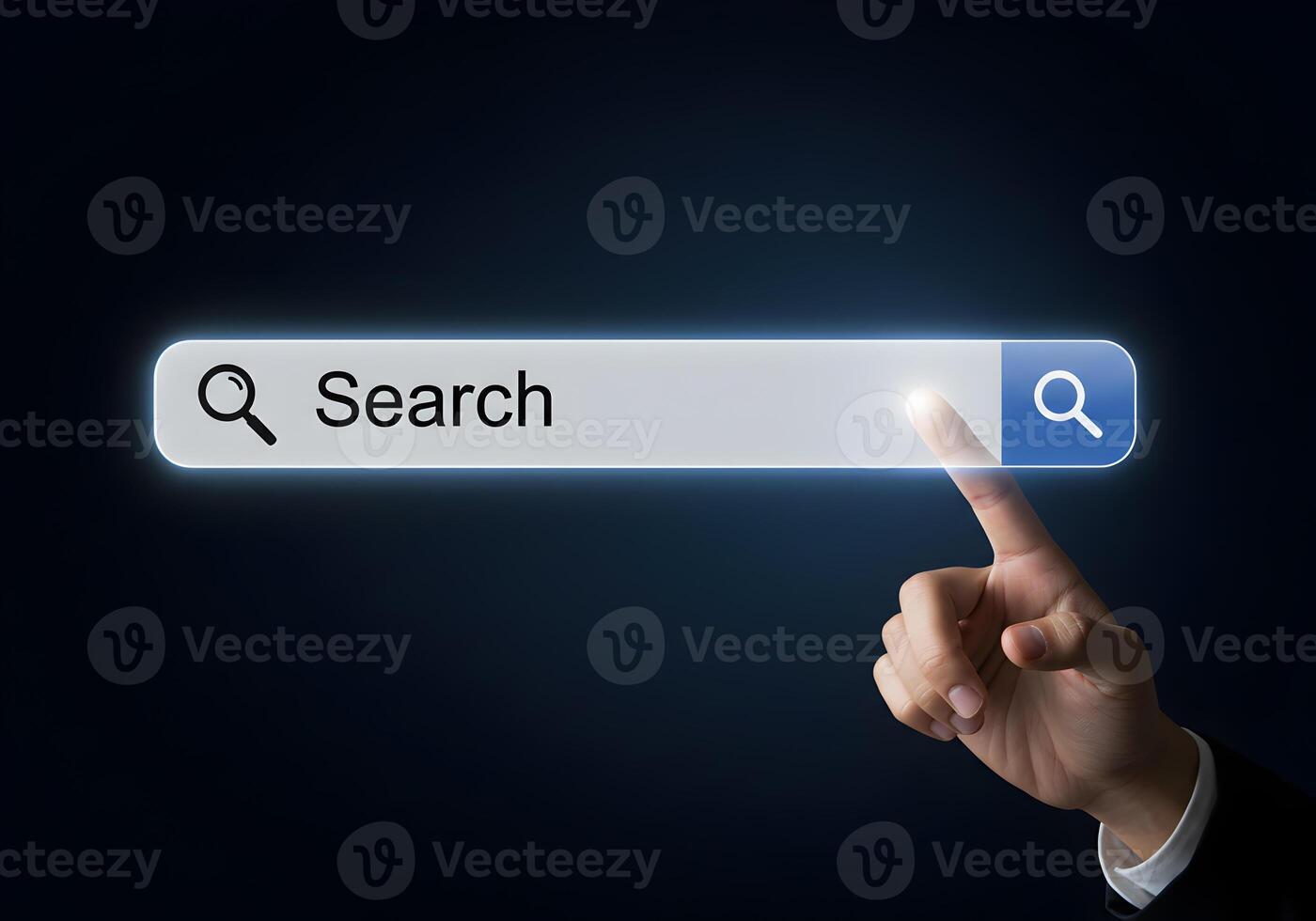 Hand using index finger to touch glowing search bar on dark background searching for information exploring the internet finding answers digital world concept photo
