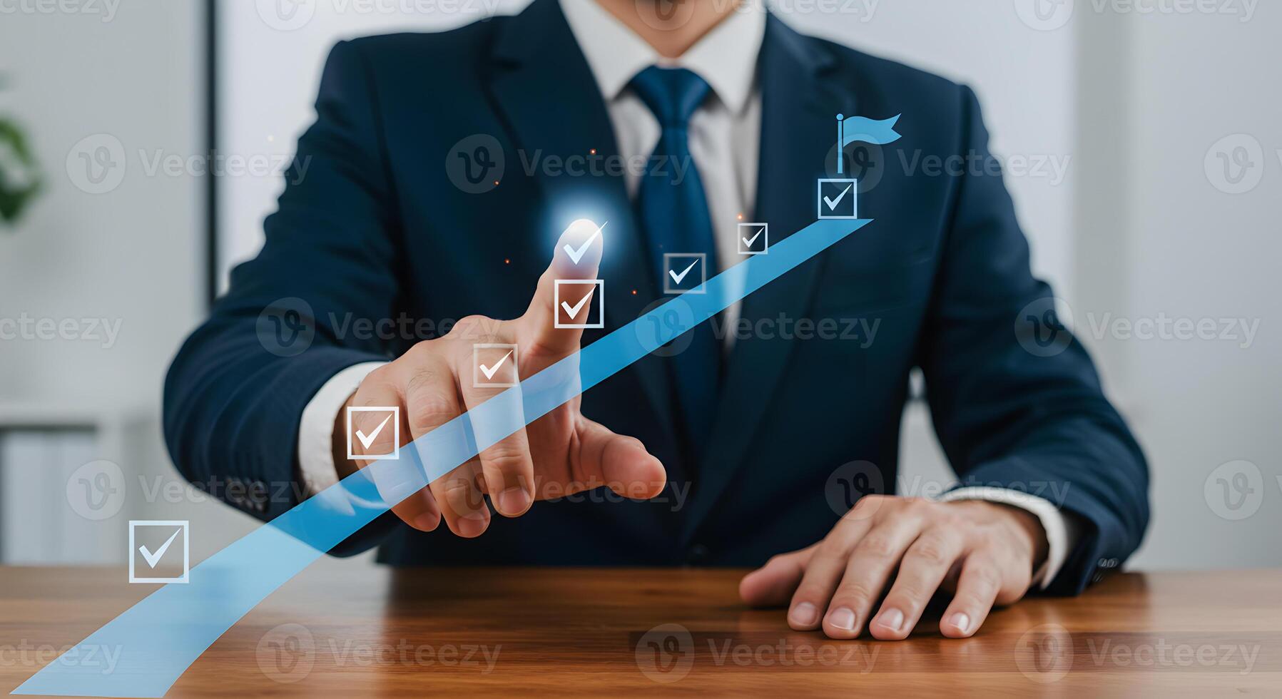 Businessperson Achieving Success A Man in a Suit Uses a Touchscreen to Navigate an Upward Trending Graph Showing Checkmarks and a Flag Symbolizing Progress and Goal Achievement photo