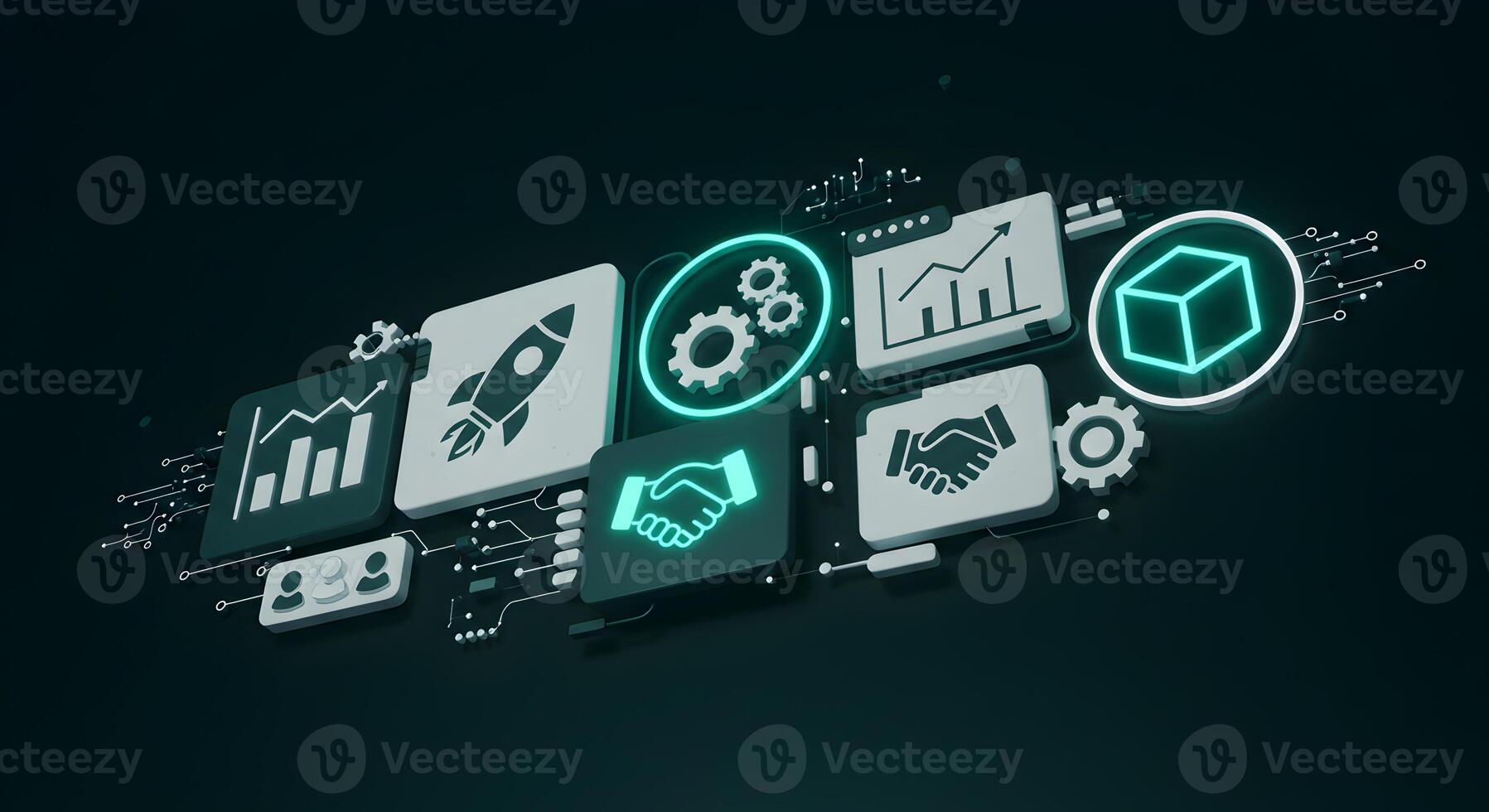Abstract 3D rendering of business icons collaborating and growing in a digital environment symbolizing innovation teamwork and progress in a technological landscape The image is ideal for illustrating photo