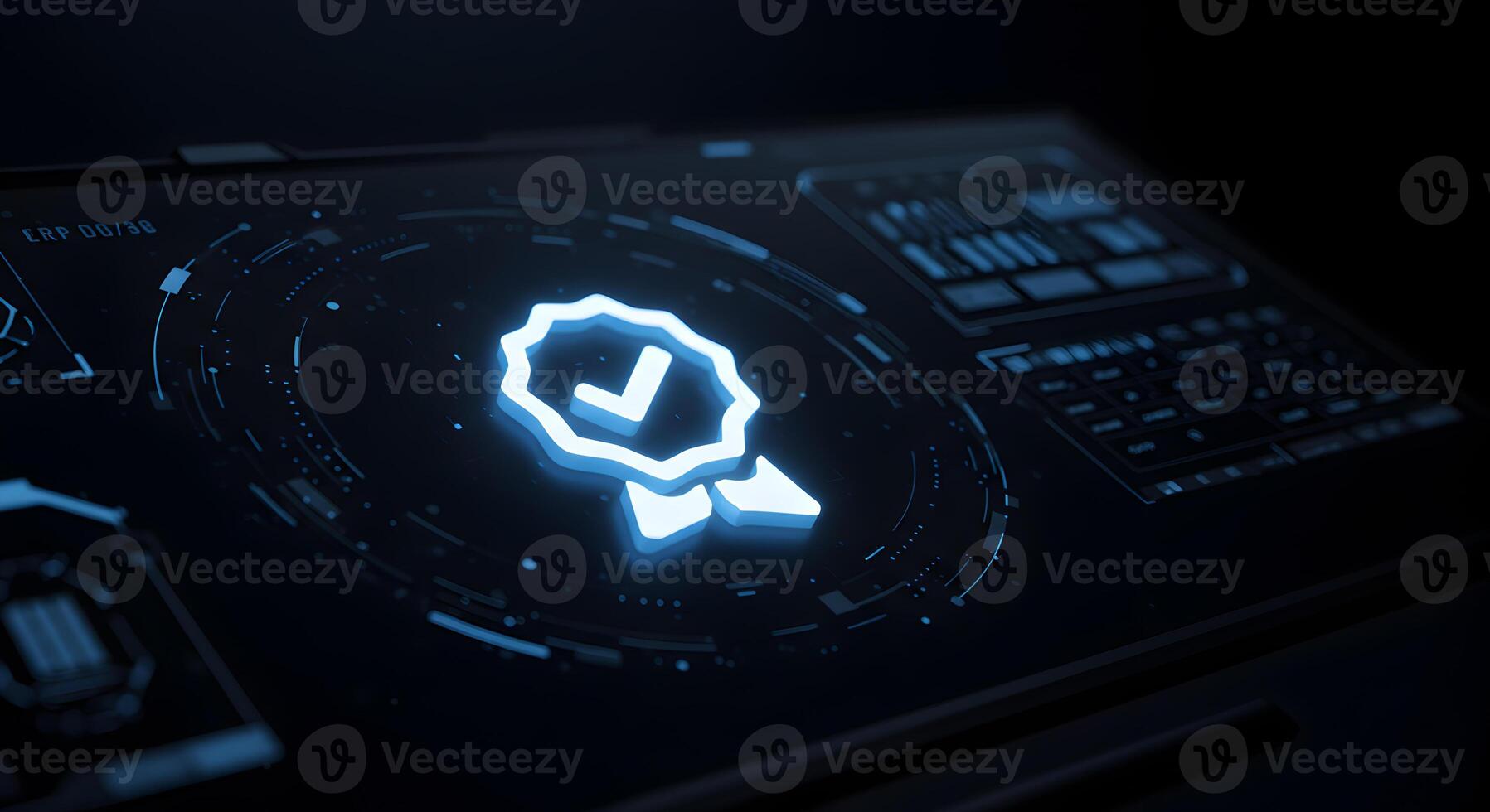 Glowing digital badge with check mark displayed on a futuristic screen symbolizing online approval security and verification in a technological environment This image represents digital certification photo