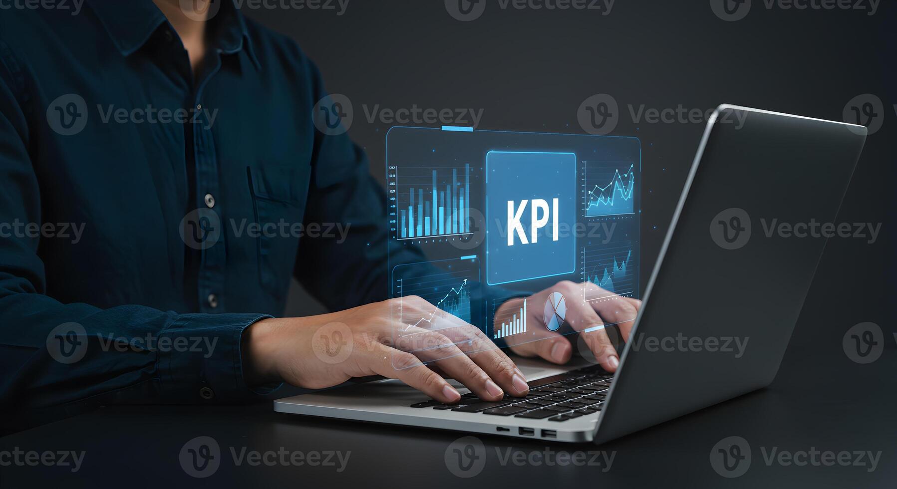 Person analyzing KPI data on laptop key performance indicator business analytics strategic planning modern workplace digital dashboard growth success technology future innovation progress efficiency d photo