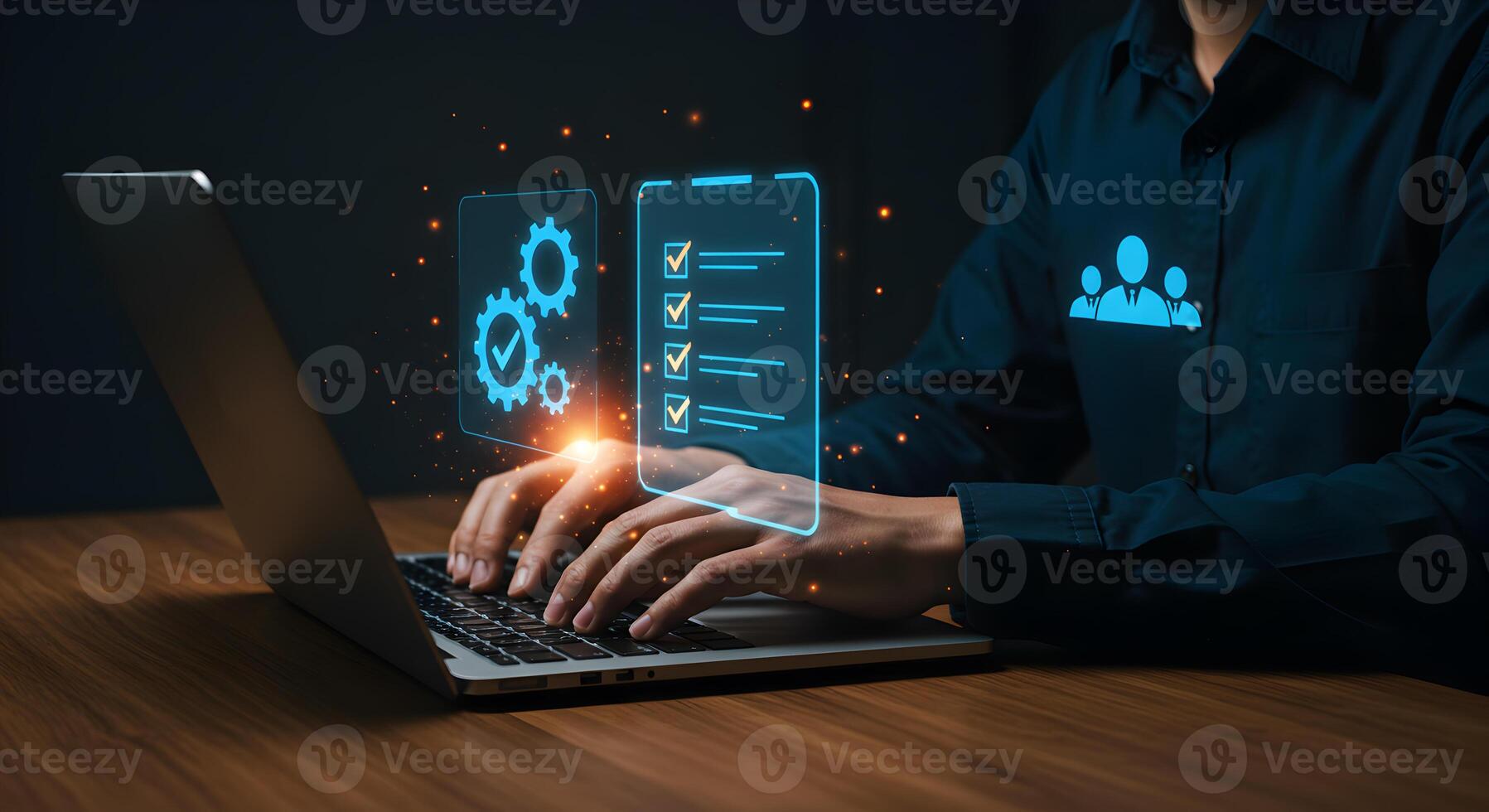 Person working on laptop at night checking tasks and managing a team glowing screen showing productivity and efficiency concept of remote work and digital project management photo