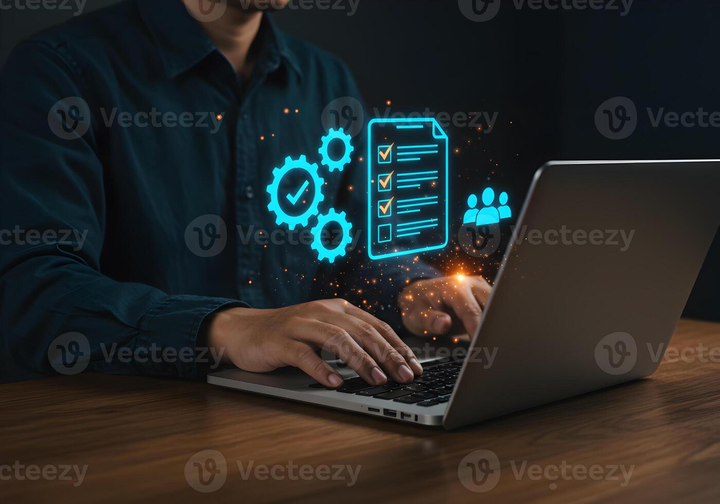 Man working on laptop computer at night checking a digital checklist gears and team symbols Concept of project management task completion and teamwork photo