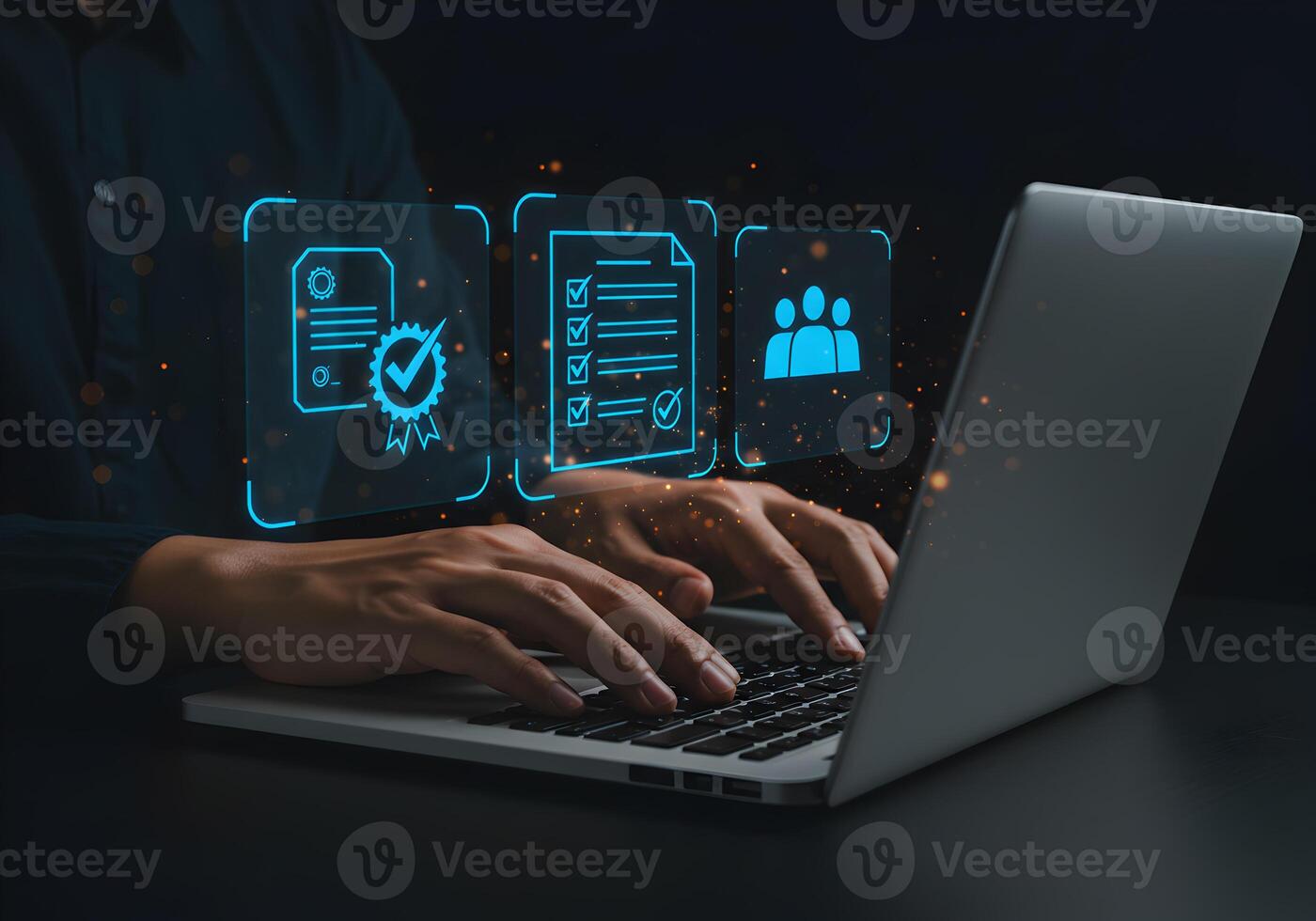 Person working on laptop computer at night checking documents tasks and team progress achieving goals and business success photo