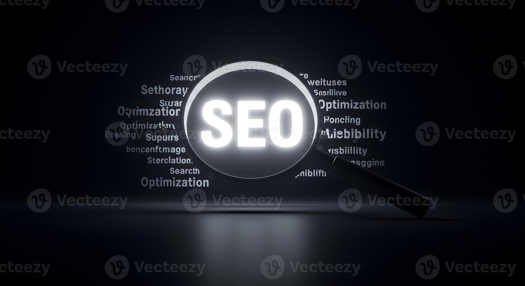 SEO optimization concept illuminated magnifying glass revealing SEO keywords on dark background symbolizing search engine optimization and online visibility strategy photo
