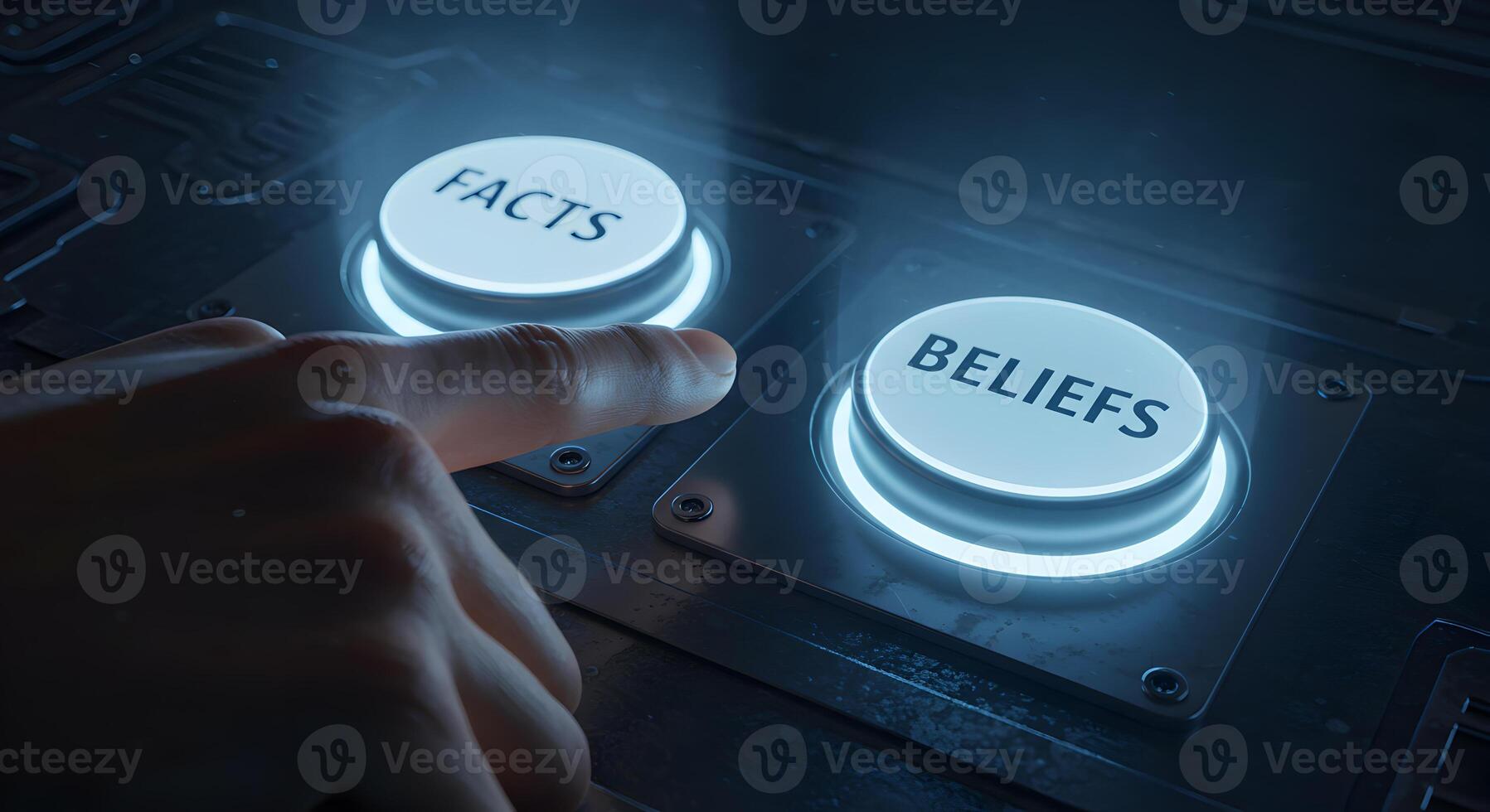 Hand about to press a button labeled Facts over a button labeled Beliefs in a futuristic technological setting a concept image representing the choice between evidencebased decisionmaking and subjecti photo