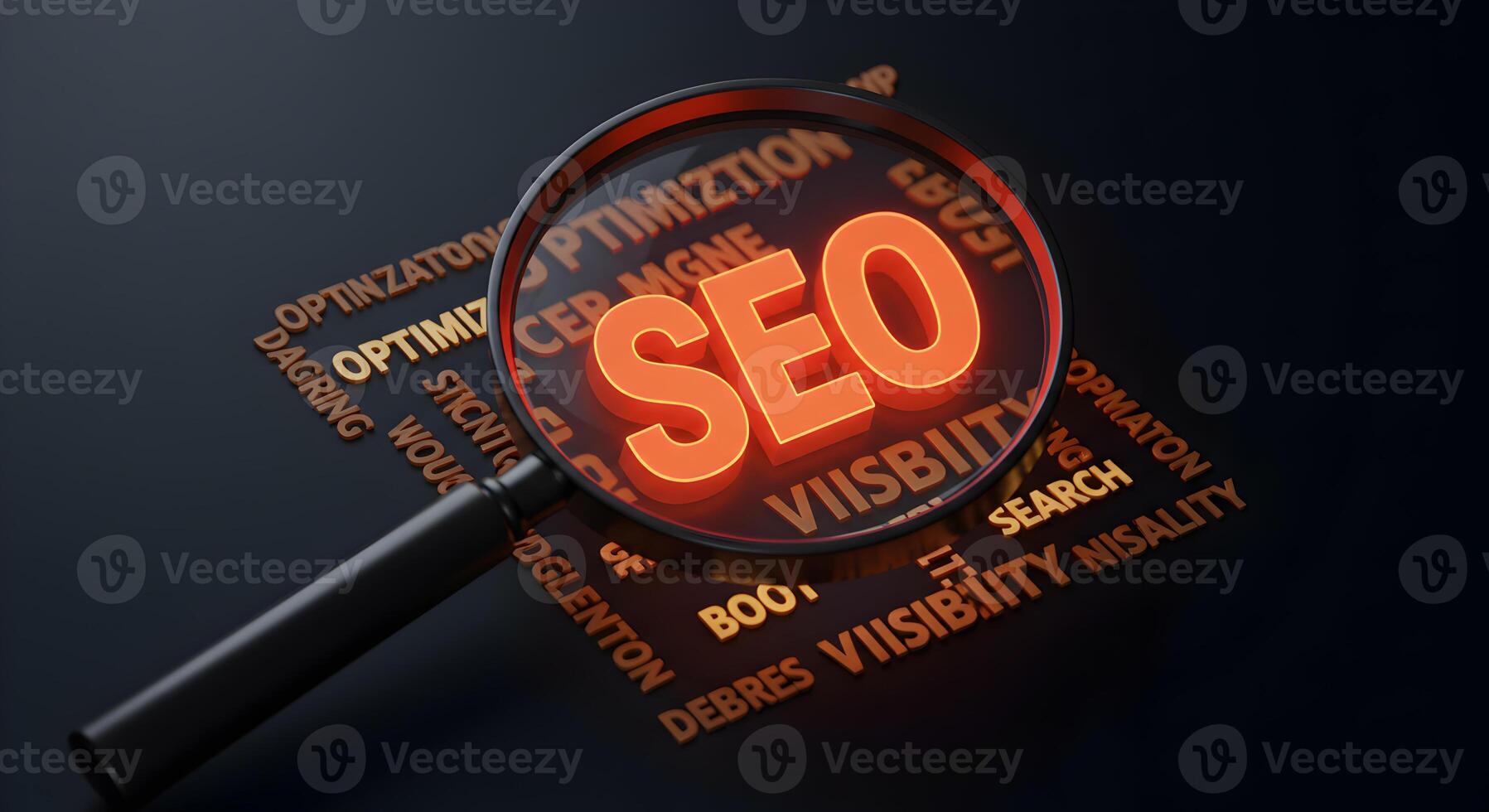 SEO optimization concept A magnifying glass reveals the glowing SEO acronym surrounded by relevant keywords on a dark background symbolizing search engine optimization and online visibility strategies photo
