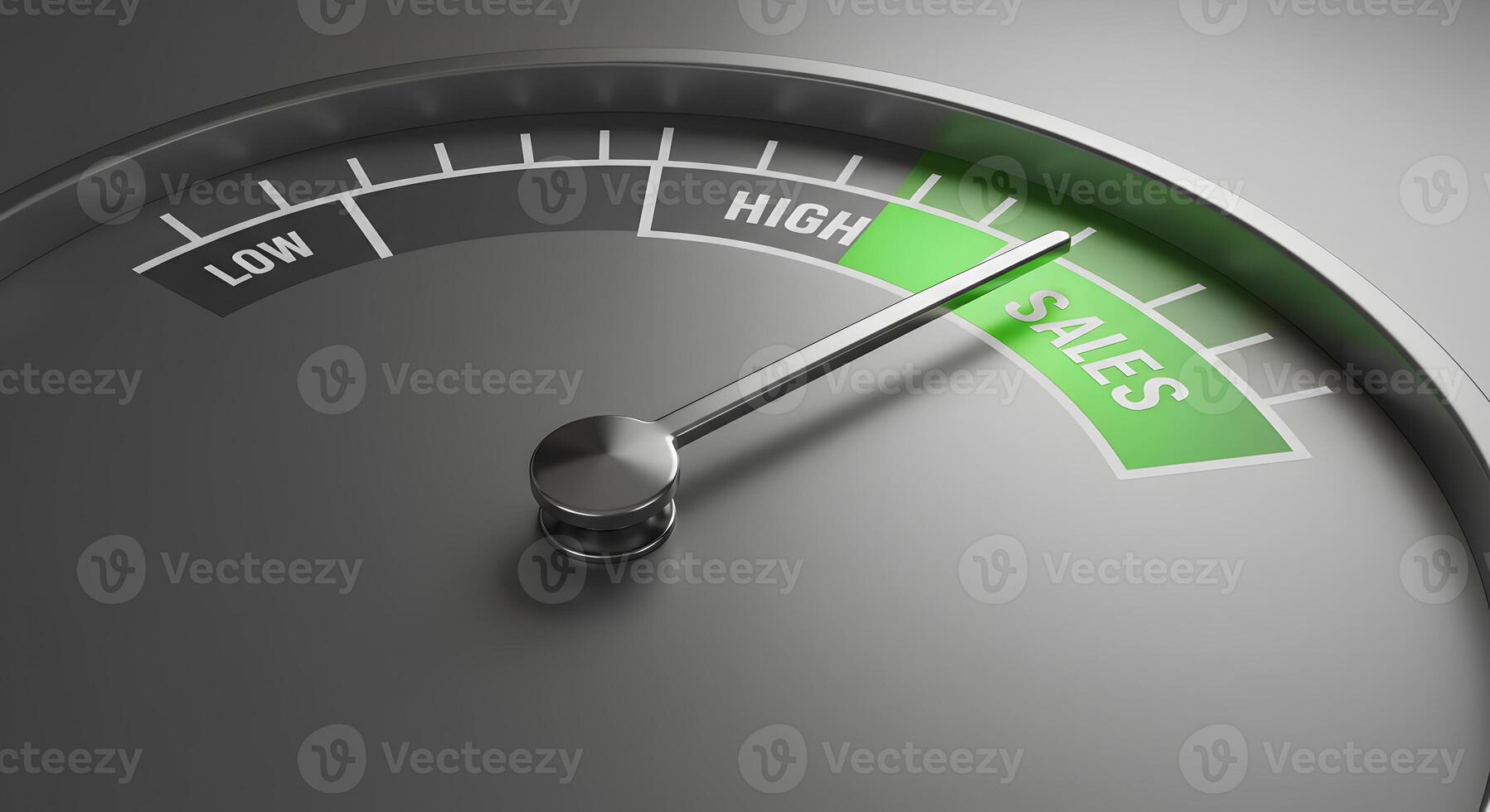 Sales Meter Gauge Showing High Sales Performance - 3D Render of a Speedometer with Needle Pointing to High Sales Green Zone Success Concept photo