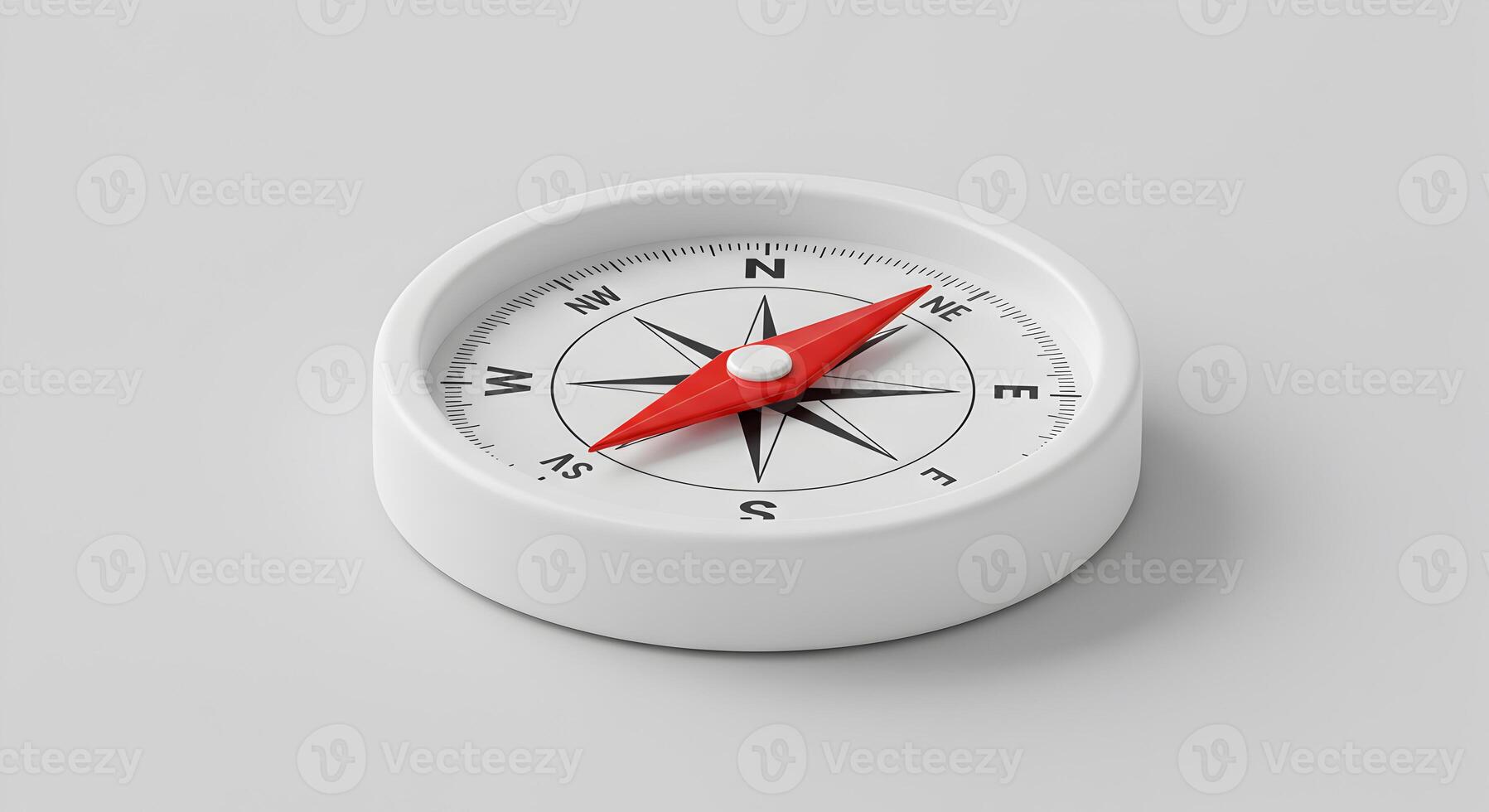 Red compass needle pointing North on a white compass isolated on a light grey background Concept of direction guidance exploration and finding your way photo