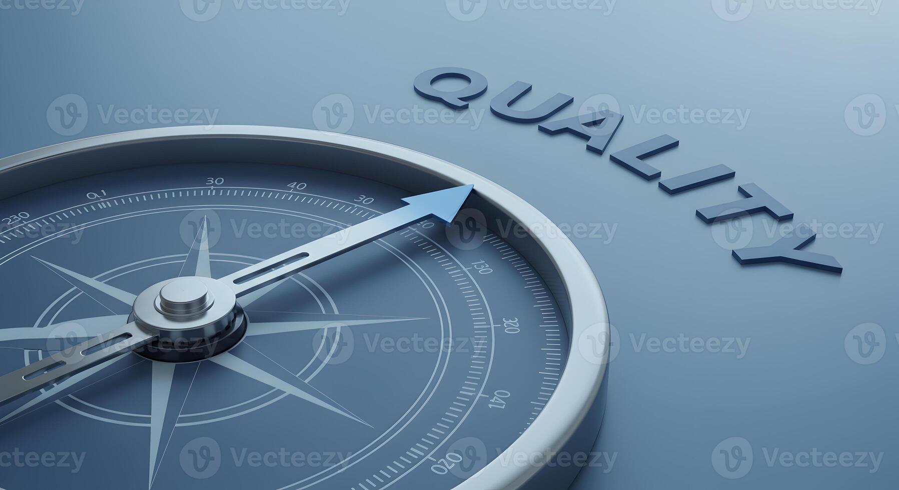 Compass pointing towards the word QUALITY on a blue background symbolizing the pursuit of excellence and high standards in business and life The image evokes a sense of direction guidance and the impo photo