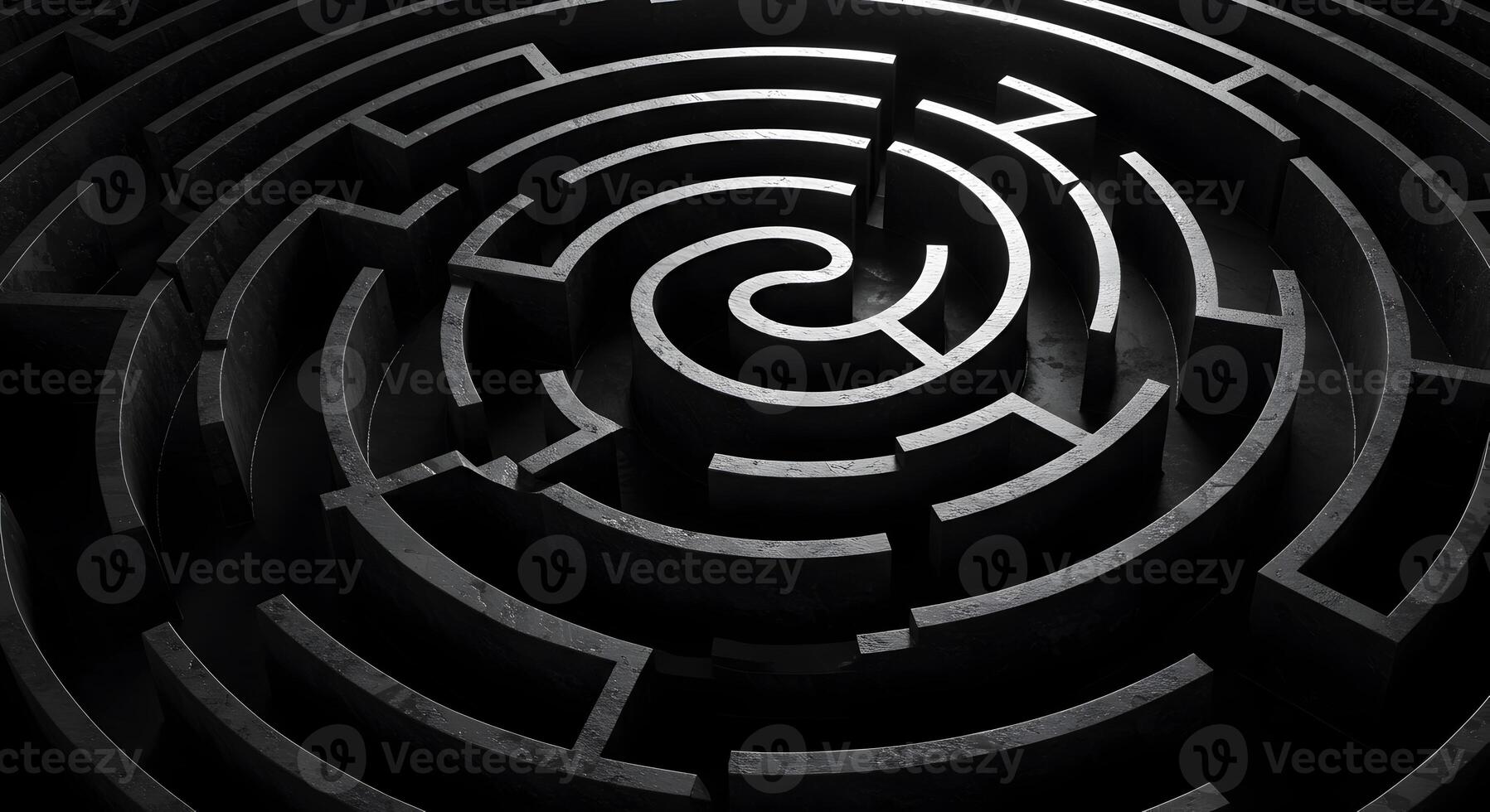 Abstract dark stone maze path complex challenge concept A spiral labyrinth represents difficulty confusion and the search for a solution 3D render of a dark grey stone maze ideal for illustrating prob photo