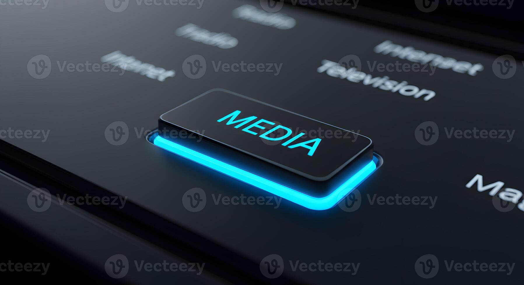 Illuminated Media Button on a Futuristic Control Panel Digital Technology and Global Communication Concept photo