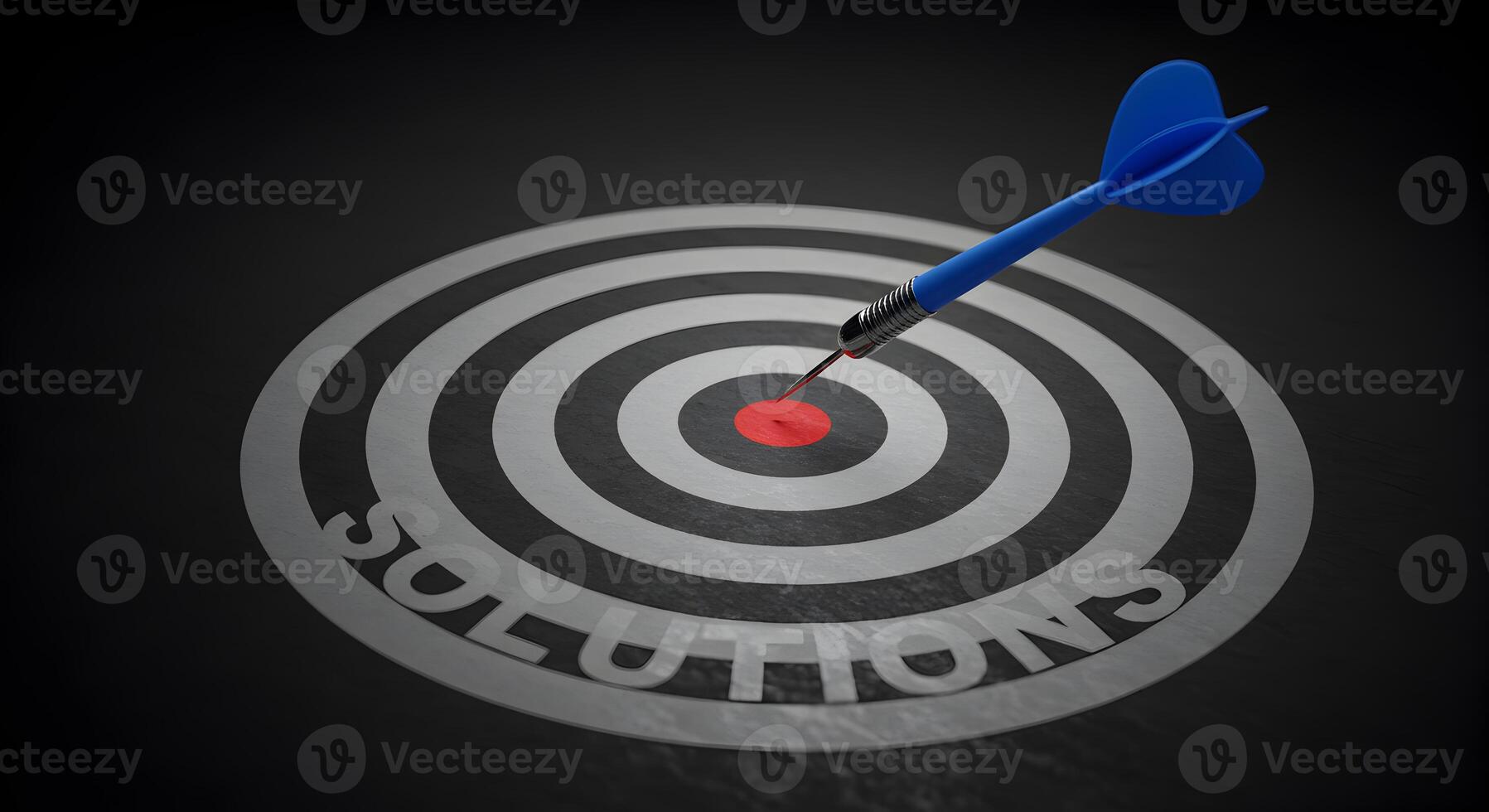Blue Dart Striking the Center of a Solutions Target Symbolizing Achievement and Success in Business Strategy The image is ideal for illustrating concepts of goal achievement strategic planning problem photo