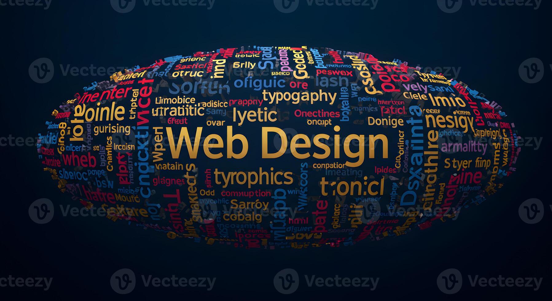 3D Web Design Word Cloud Sphere Representing Digital Creativity and Innovation in a Futuristic Setting photo
