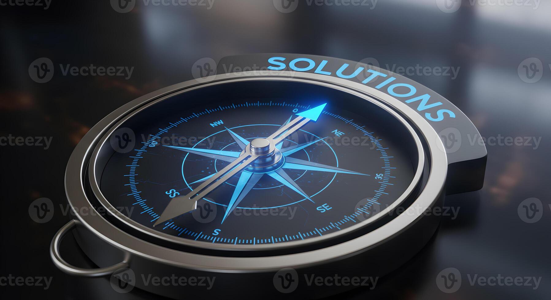 Compass pointing towards Solutions on dark background symbolizing guidance direction and strategic planning for business success The image evokes a sense of hope progress and problemsolving Ideal for photo