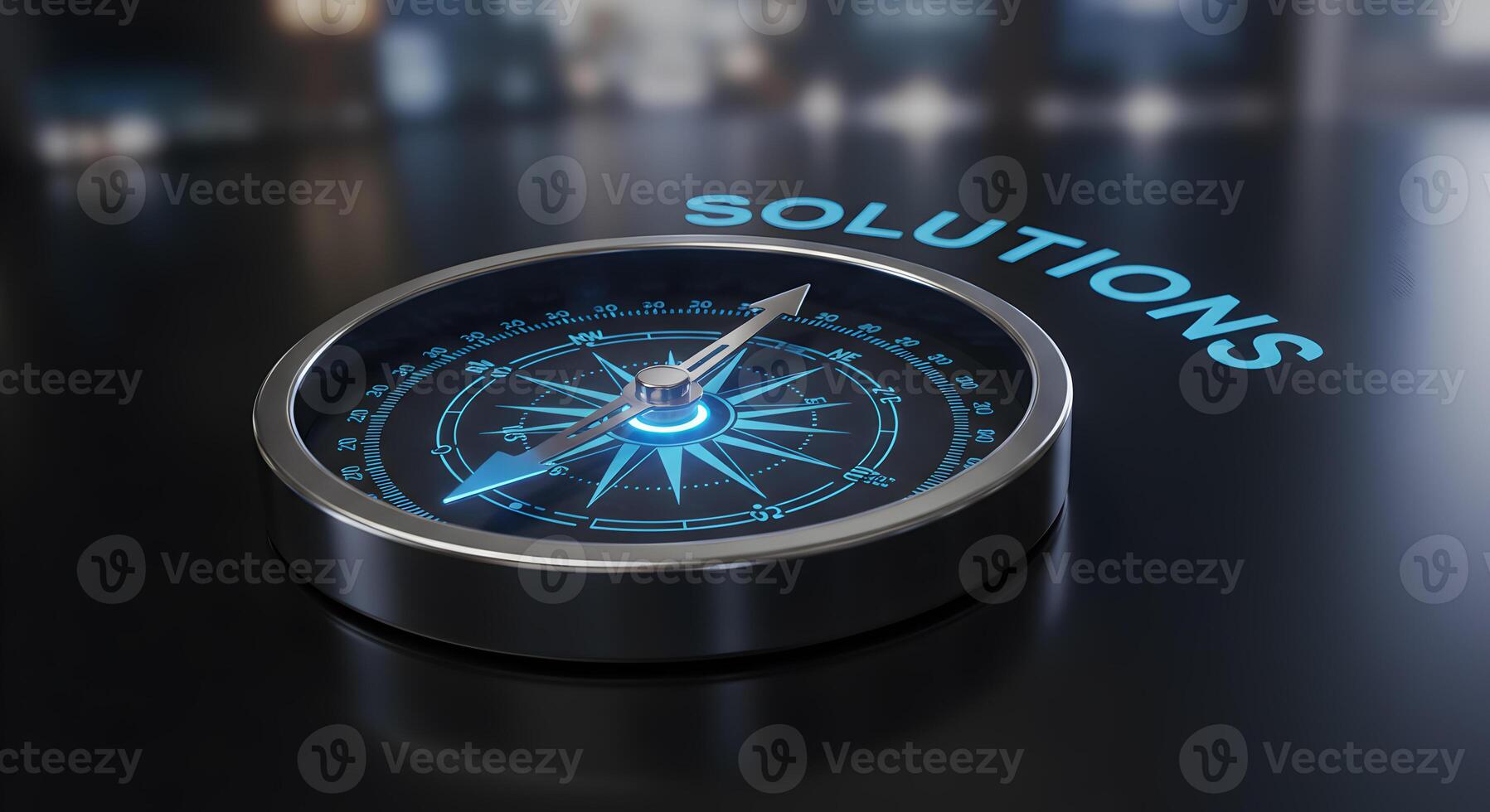 Compass pointing towards Solutions on a dark reflective surface symbolizing guidance direction and strategic planning for success The image evokes a sense of determination and the pursuit of effective photo