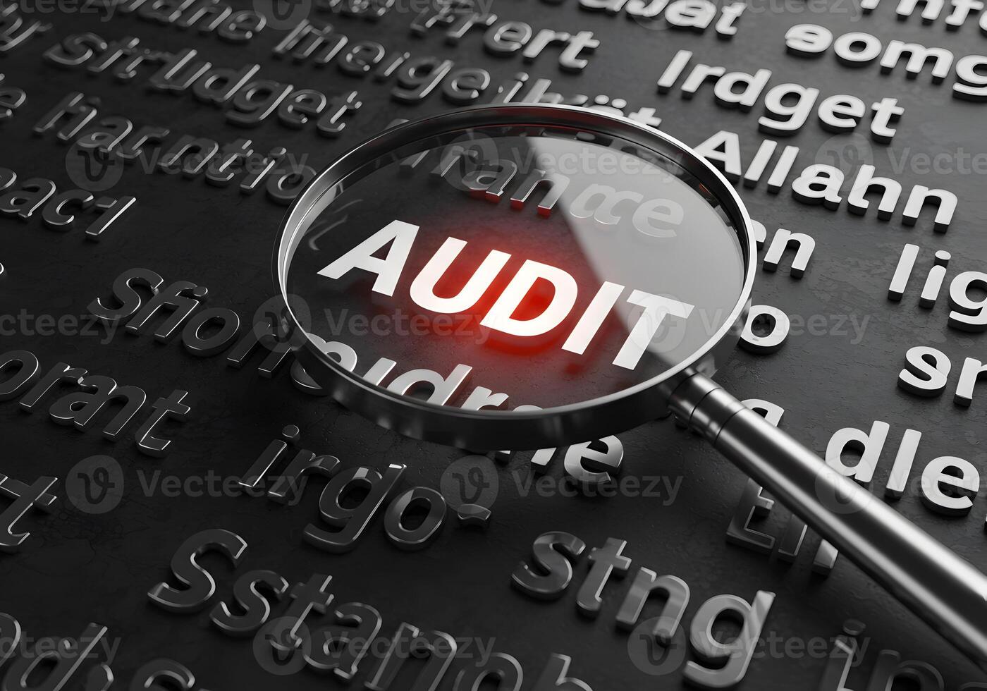 Magnifying Glass Enlarging the Word Audit on a Dark Background with 3D Embossed Text Representing Financial Analysis Inspection and Examination Concepts photo