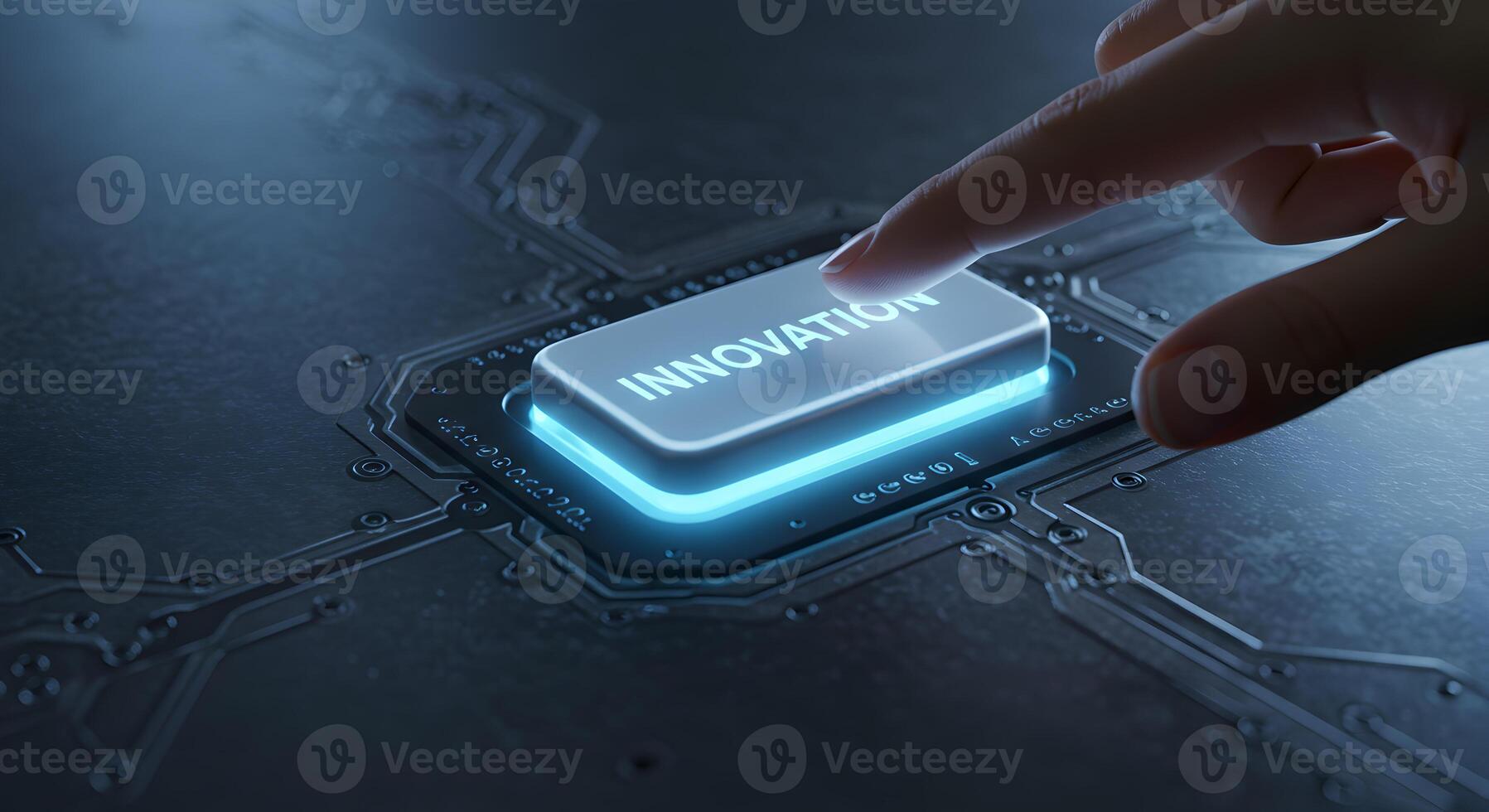 Finger about to press illuminated button with the word Innovation on a futuristic technological circuit board symbolizing progress and advancement in the digital age photo
