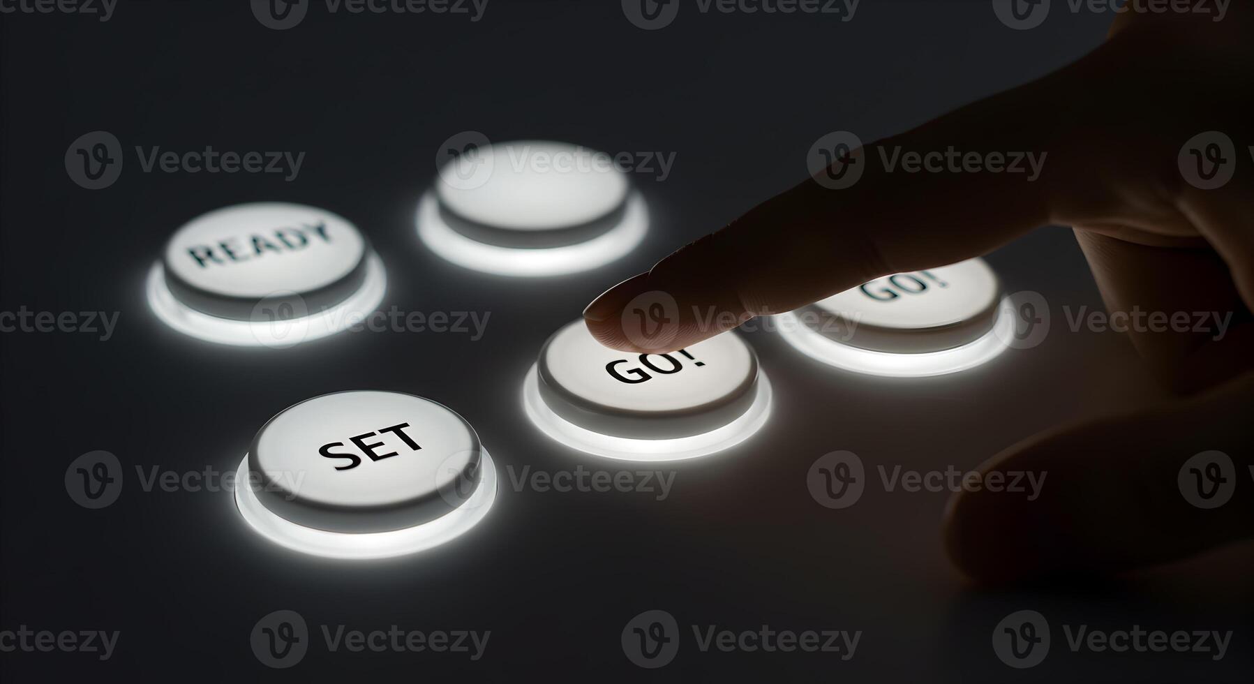 Finger about to press GO button Ready Set Go concept illuminated control panel in dark environment starting beginning launch activation futuristic technology innovation progress challenge opportunity photo