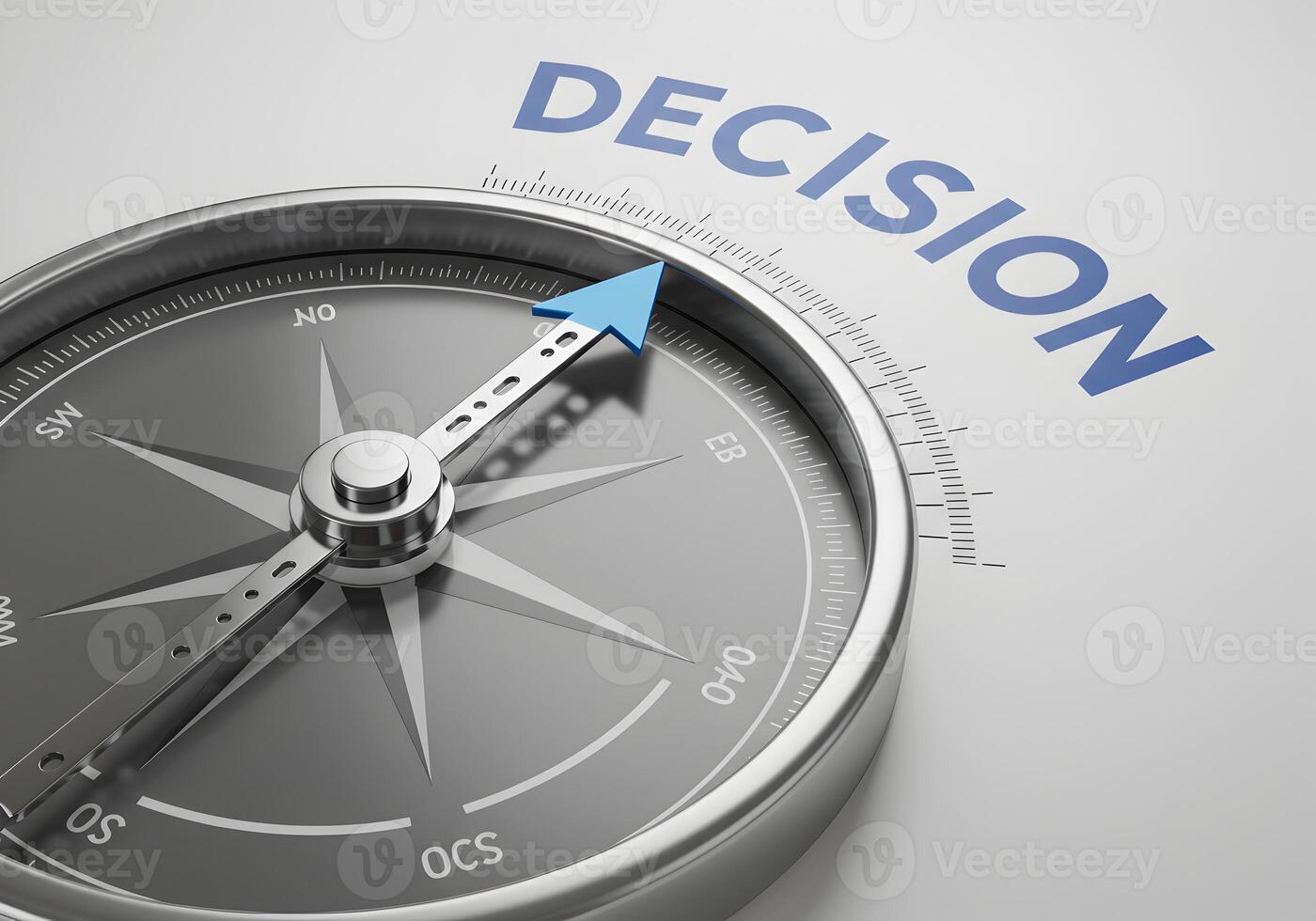 Compass needle pointing to the word DECISION on white background symbolizing choices direction and strategic planning for business and life The image evokes concepts of navigation guidance and making photo