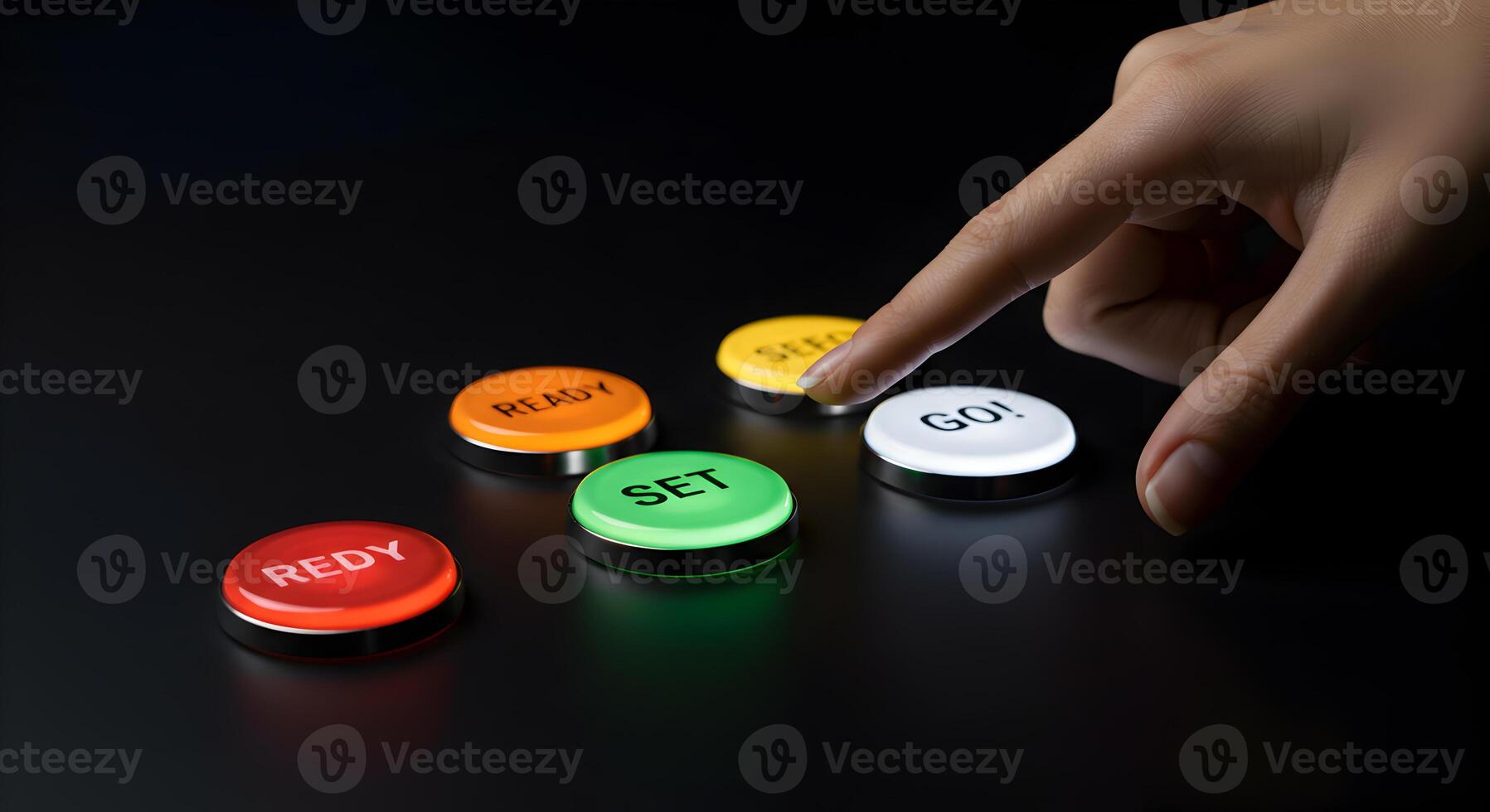 Closeup of a finger about to press a glowing green SET button among other illuminated buttons labeled READY and GO symbolizing the concept of starting initiation and preparation for a project or task photo