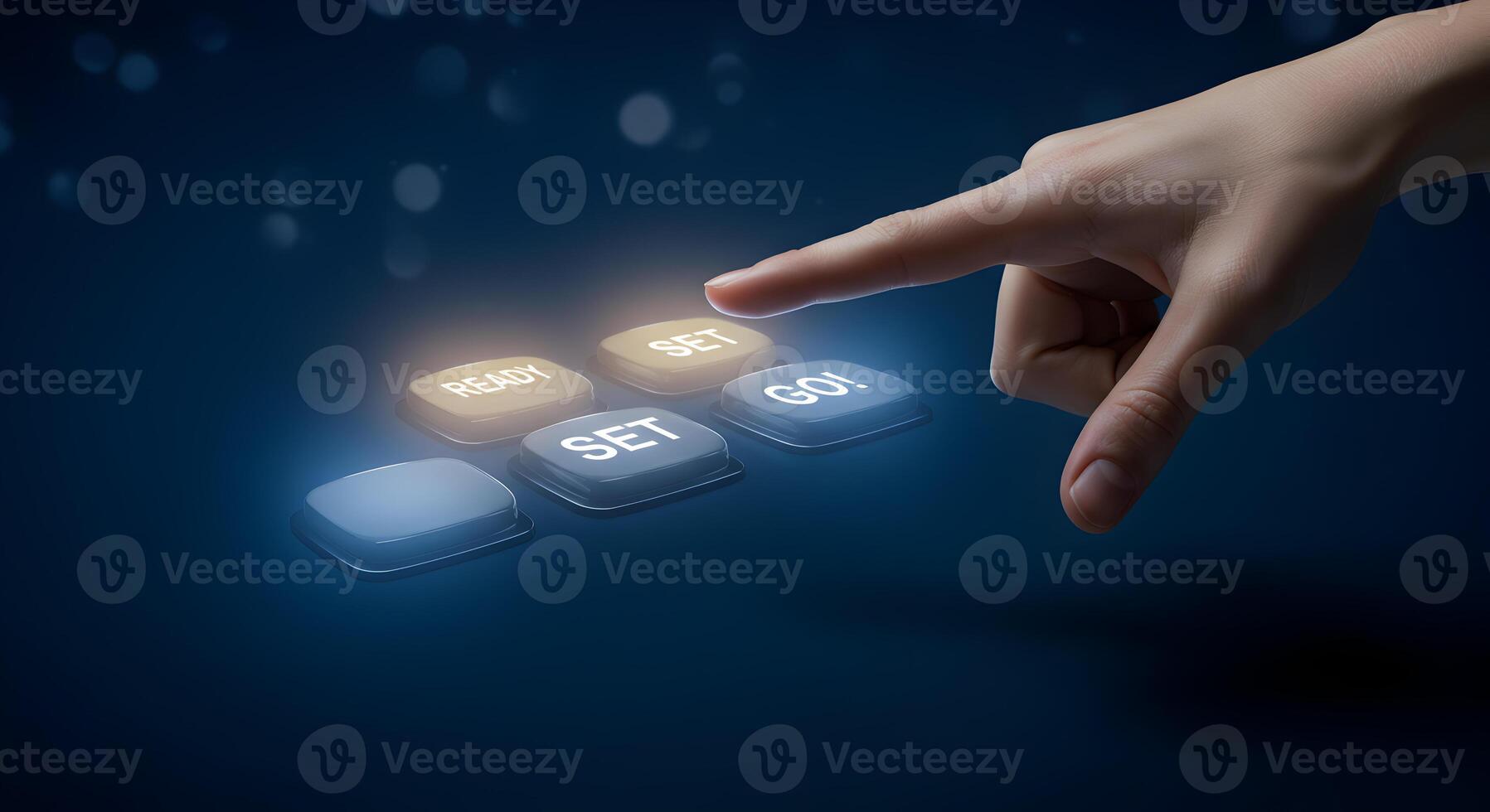 Finger about to press a glowing SET button among other buttons that say READY and GO on a darkblue digital interface symbolizing the concept of starting beginning and launching a project or process photo