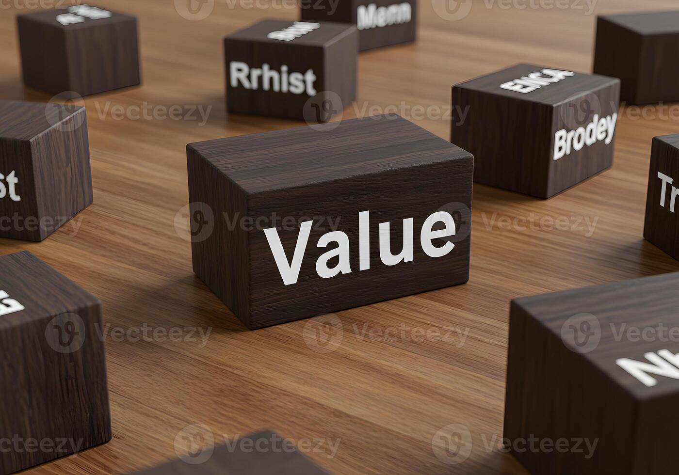 Wooden blocks spelling out the word Value on a table signifying importance worth and high value in business and finance concepts photo