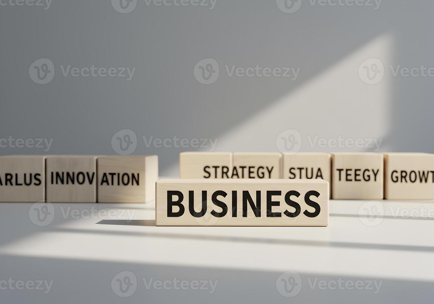Wooden blocks spelling out the word BUSINESS showcasing concepts of innovation strategy and growth in a modern office setting symbolizing business success and development photo