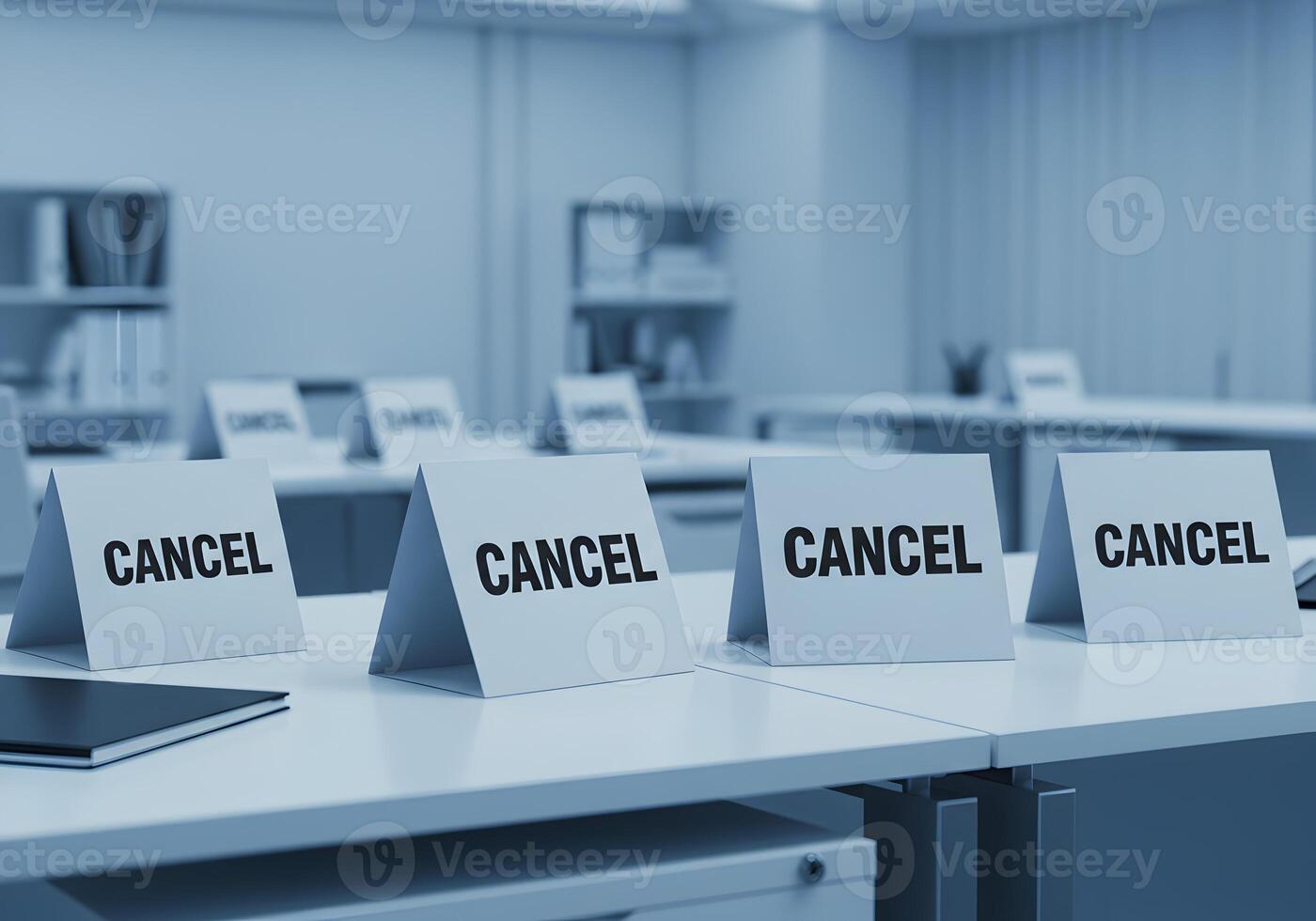 Multiple CANCEL signs displayed on tabletops in a modern office setting signifying cancellations postponements or scheduling conflicts photo