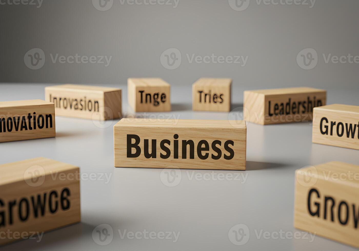 Wooden blocks spelling out business concepts on a table showcasing growth innovation leadership and tries The central block displays the word Business surrounded by blocks with words like Innovation G photo