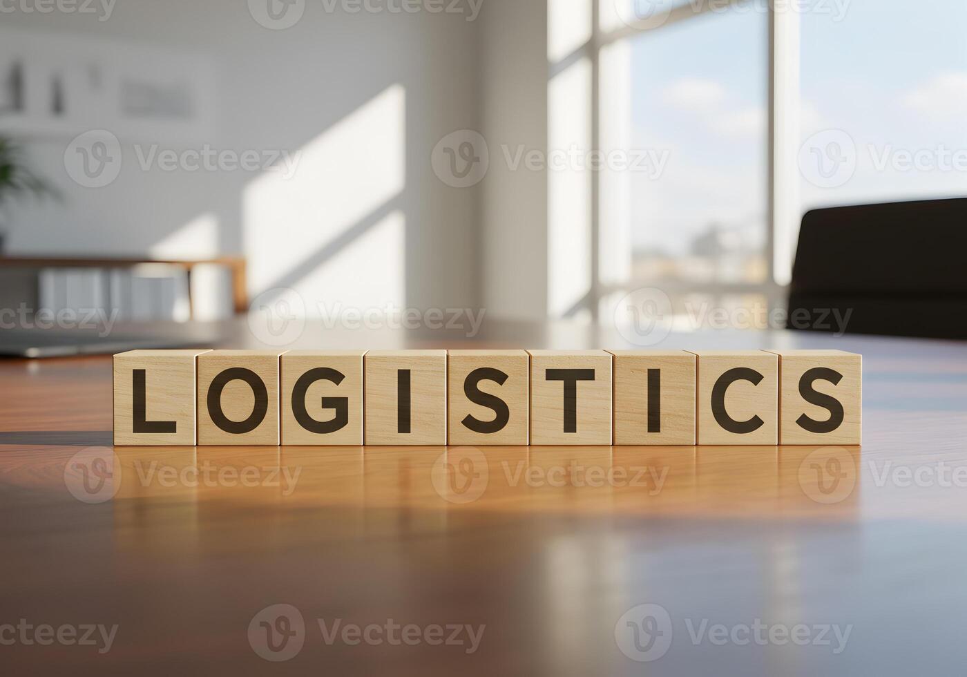 Logistics concept represented by wooden blocks spelling out the word on a modern office desk near a large window symbolizing efficiency and planning photo