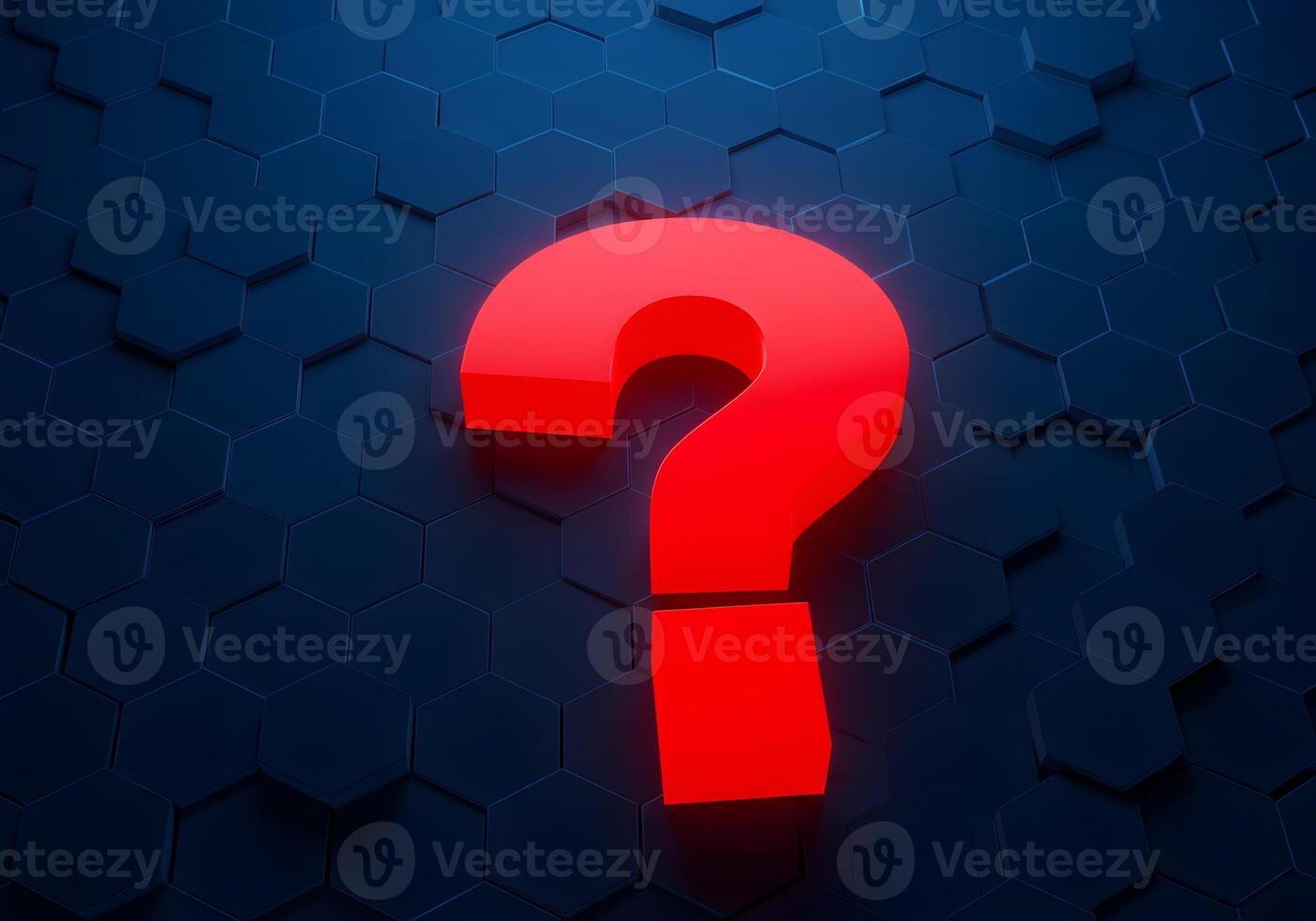 Red question mark symbol on a dark blue hexagonal technological background uncertainty doubt questioning concept image photo