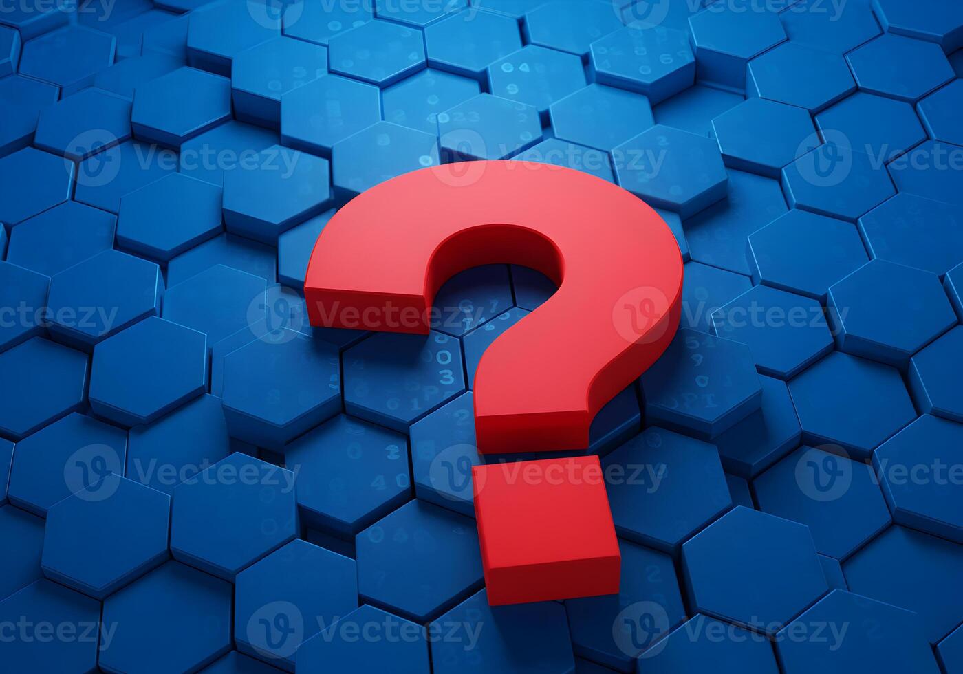 Red question mark symbol on a blue hexagonal technological background uncertainty doubt question problem challenge solution technology future innovation digital abstract concept photo