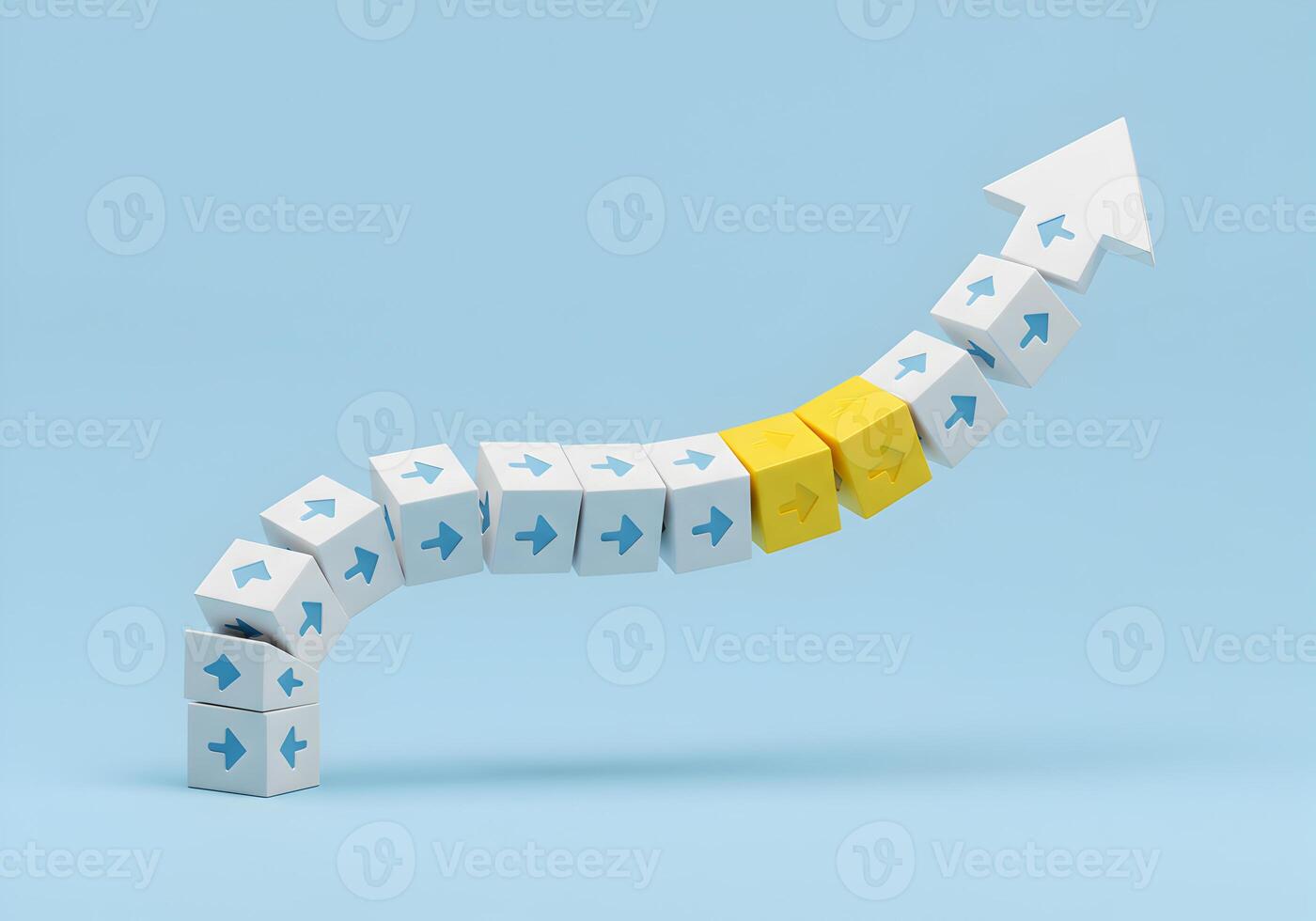 Abstract 3D rendering of upward trending arrows forming an upward curve symbolizing growth progress and success against a light blue background The yellow cubes highlight a key turning point in achiev photo