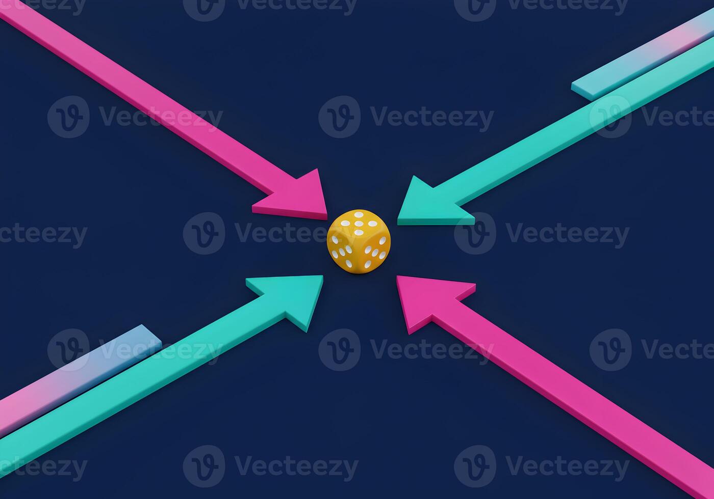 Golden Dice at a Crossroads Four Arrows Pointing in Different Directions Symbolizing Choices Decisions and Uncertain Future Paths Abstract 3D Rendering of a Conceptual Image photo