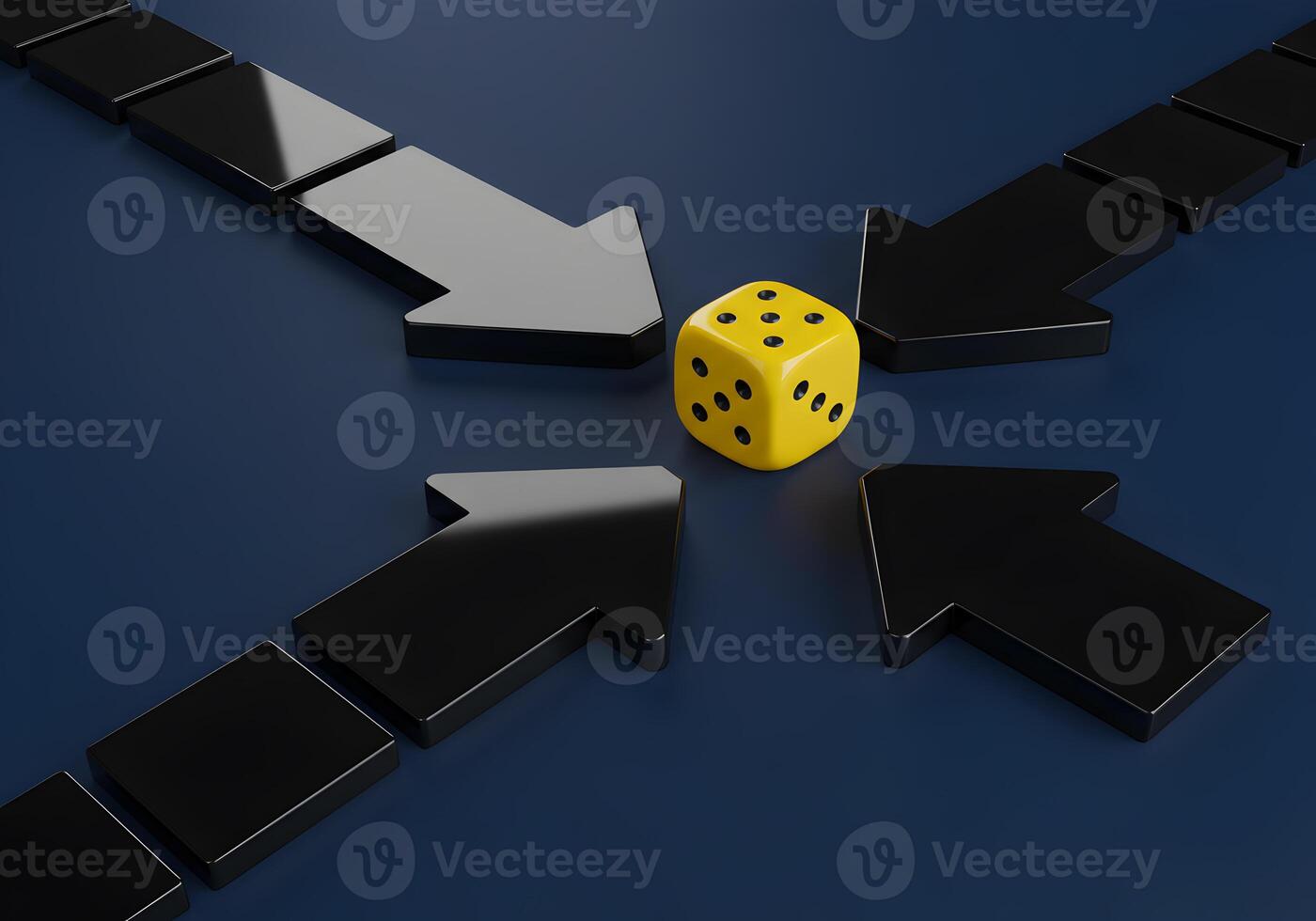 Yellow Dice at a Crossroads of Black Arrows Symbolizing DecisionMaking Uncertainty and the Multiple Paths of a Choice on a Dark Blue Background photo