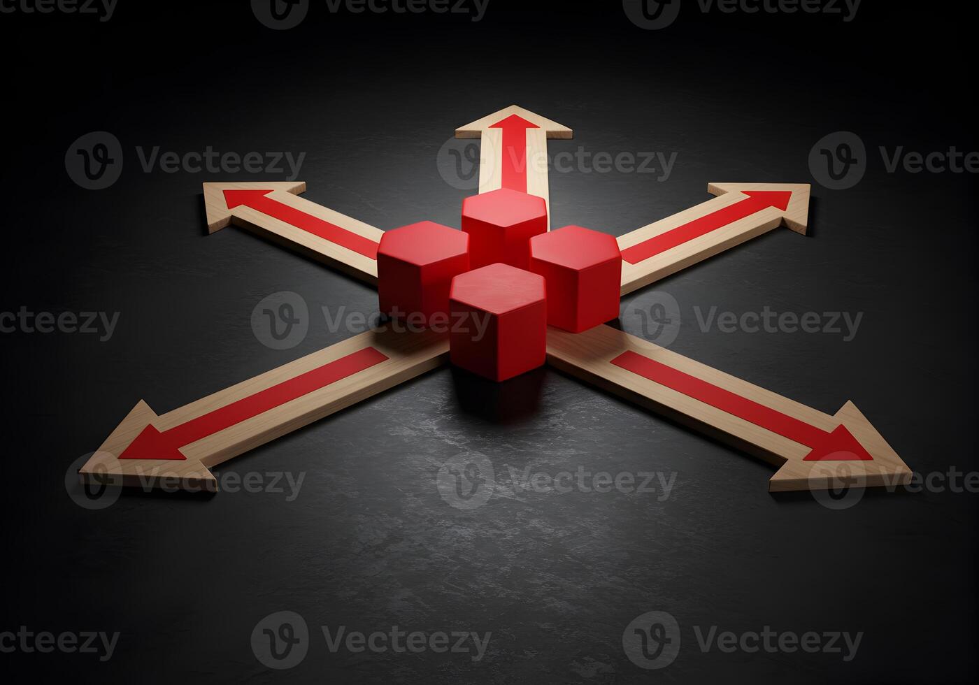 Red Hexagons at a Crossroads Strategic DecisionMaking and Multiple Pathways Concept Arrows point in four directions symbolizing diverse choices and future possibilities on a dark textured background photo