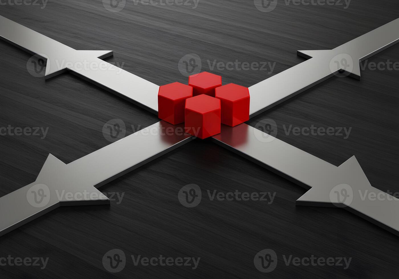 Red Hexagons at a Crossroads Strategic DecisionMaking and Business Choices Concept Four red hexagonal shapes are positioned at the intersection of four metallic arrows pointing in different directions photo
