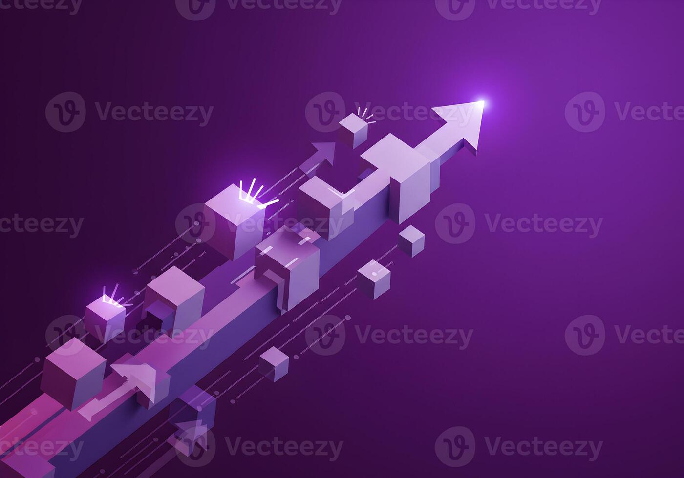 Abstract 3D arrow soaring upward symbolizing growth progress and success in a digital landscape Purple isometric cubes and lines represent data innovation and technology creating a dynamic and futuris photo